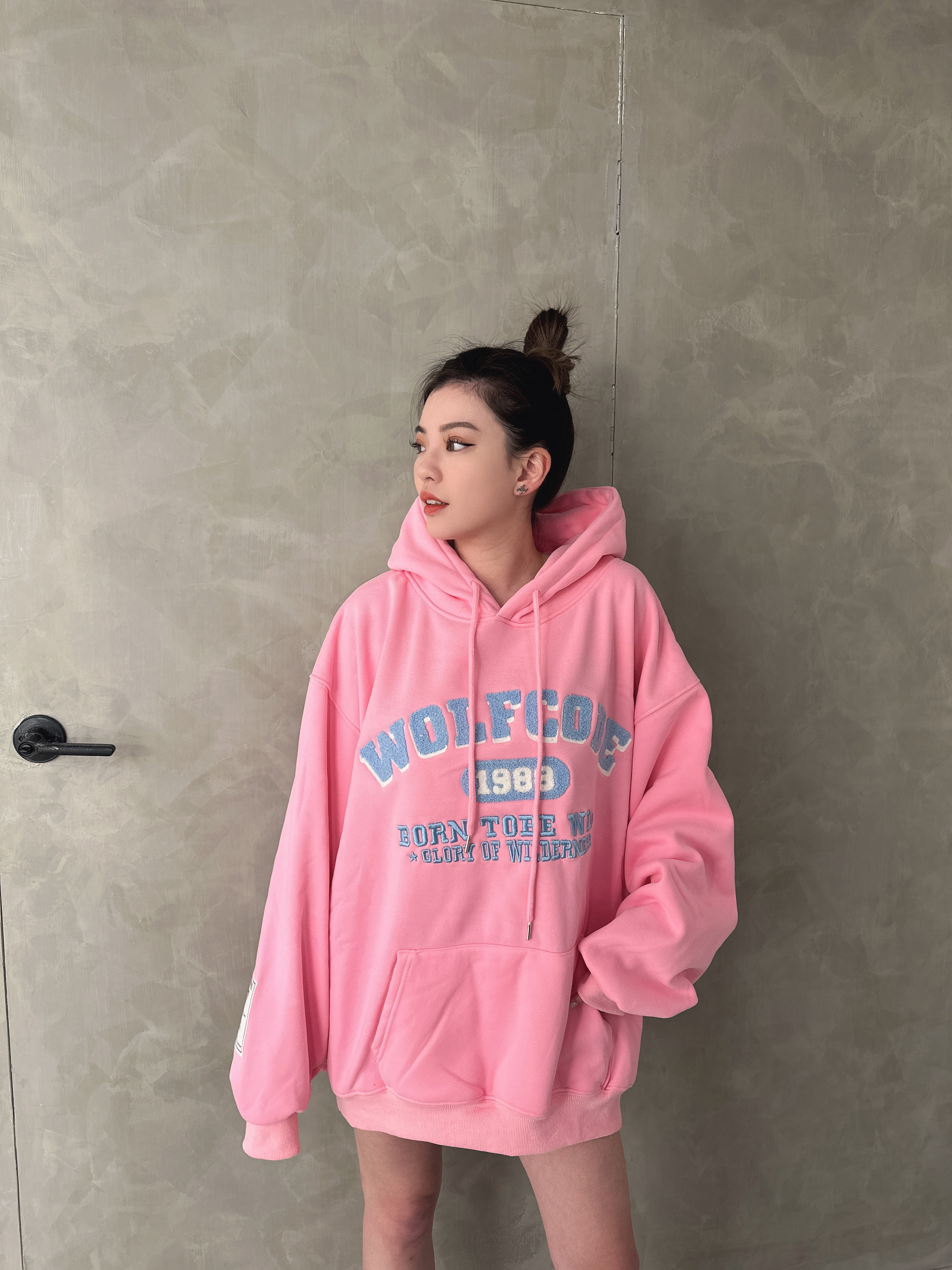 繽紛撞色字母刷毛帽T