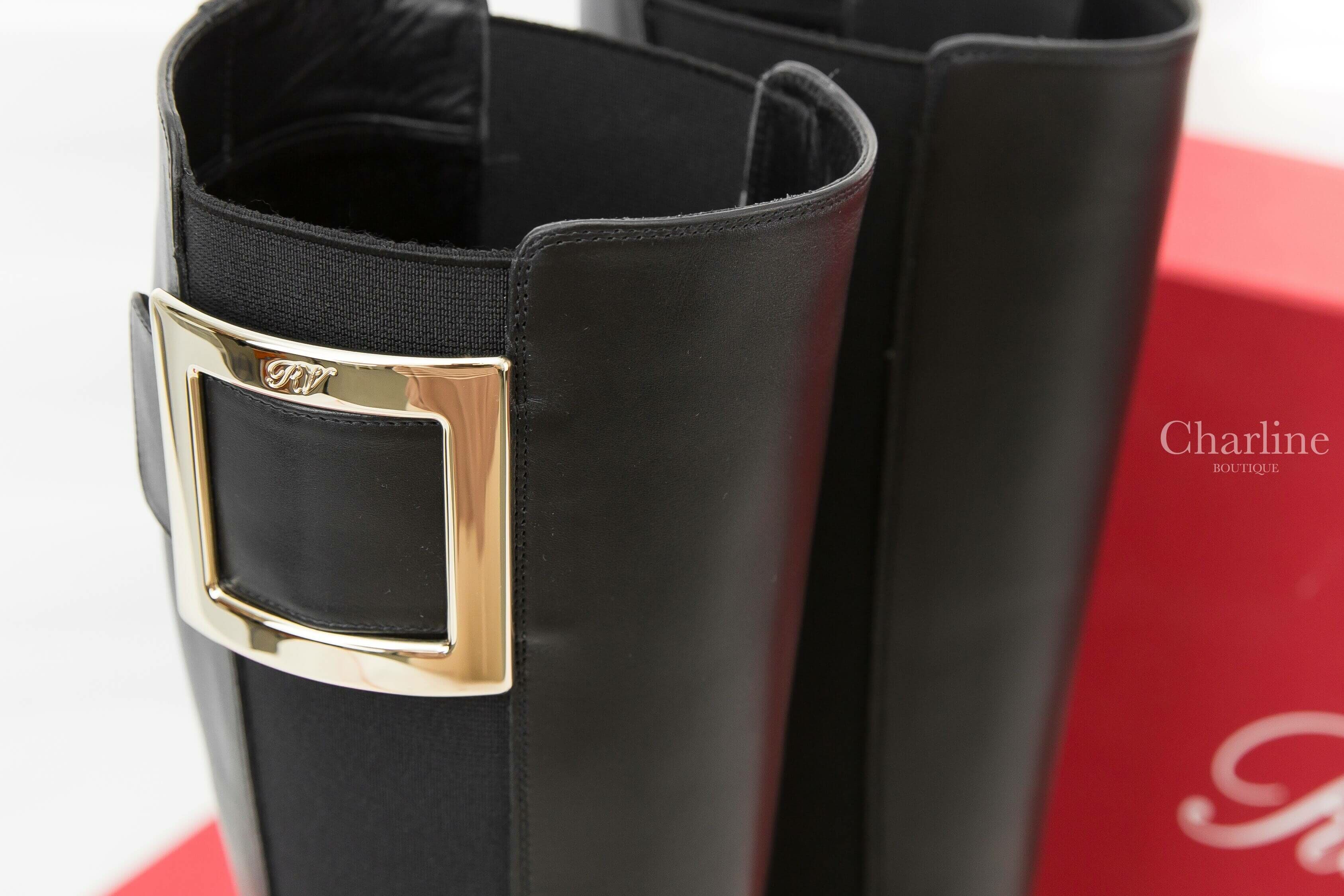Roger Vivier Viv' Rangers Metal Buckle Chelsea Boots in Leather 黑色金色方釦皮革粗跟長靴