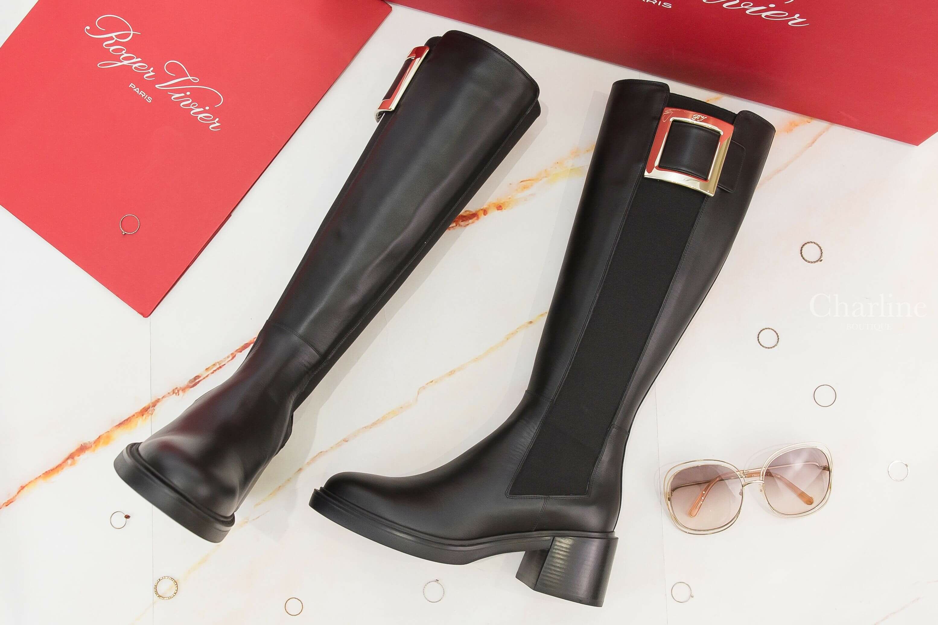 Roger Vivier Viv' Rangers Metal Buckle Chelsea Boots in Leather 黑色金色方釦皮革粗跟長靴-Charline Boutique 精品代購