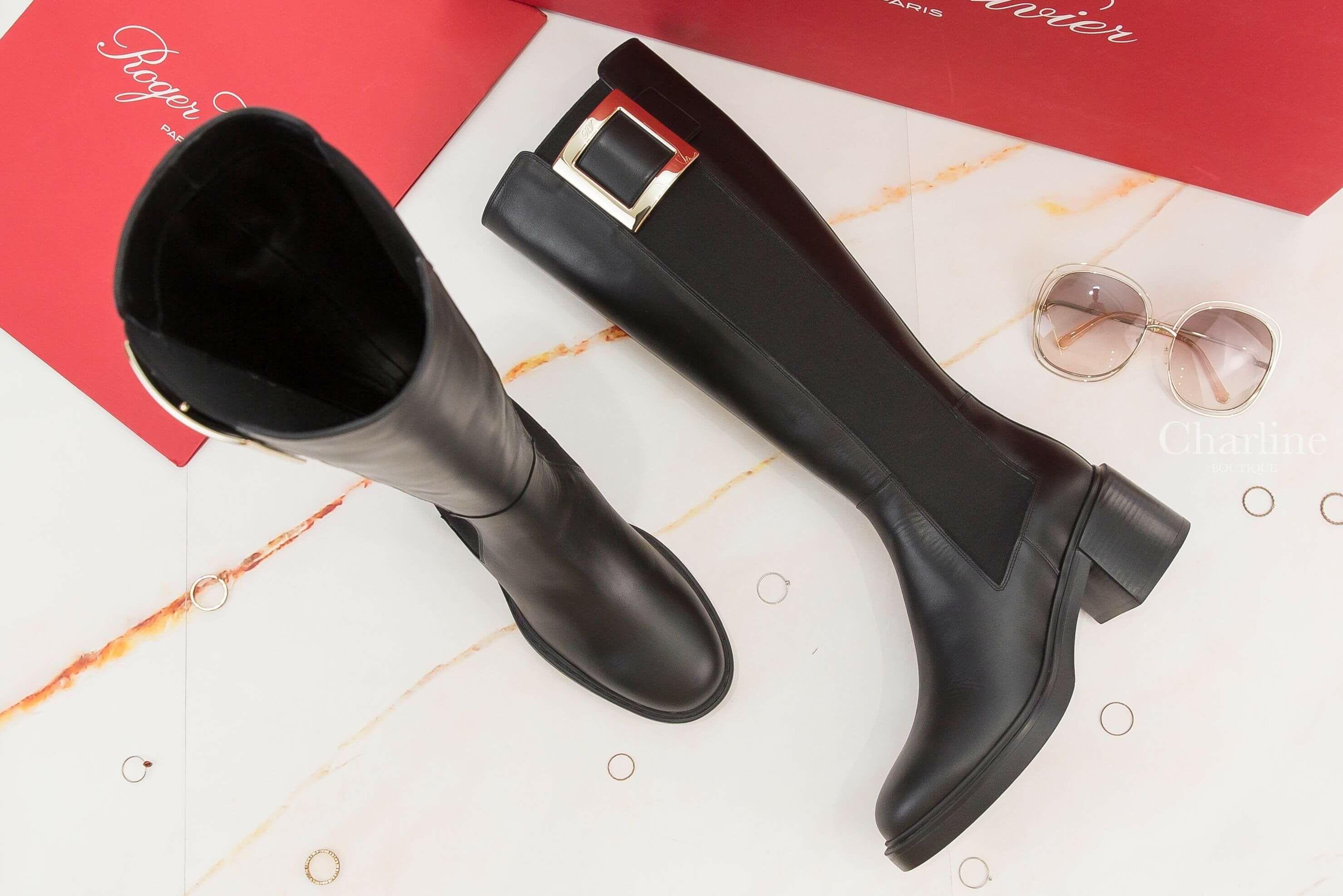 Roger Vivier Viv' Rangers Metal Buckle Chelsea Boots in Leather 黑色金色方釦皮革粗跟長靴-Charline Boutique 精品代購