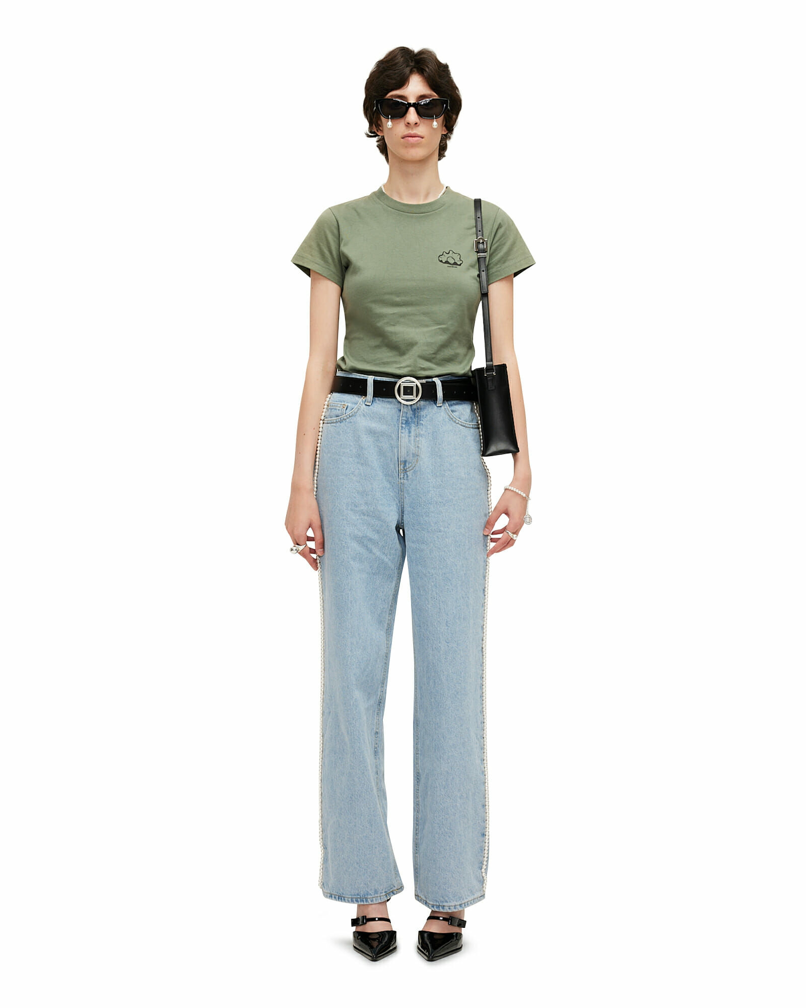 KIMHEKIM(キムヘキム) Pearl Embellished Wide Leg Denim Pants Pearl Embellished Wide Leg Denim Pants (Black) - KIMHĒKIM