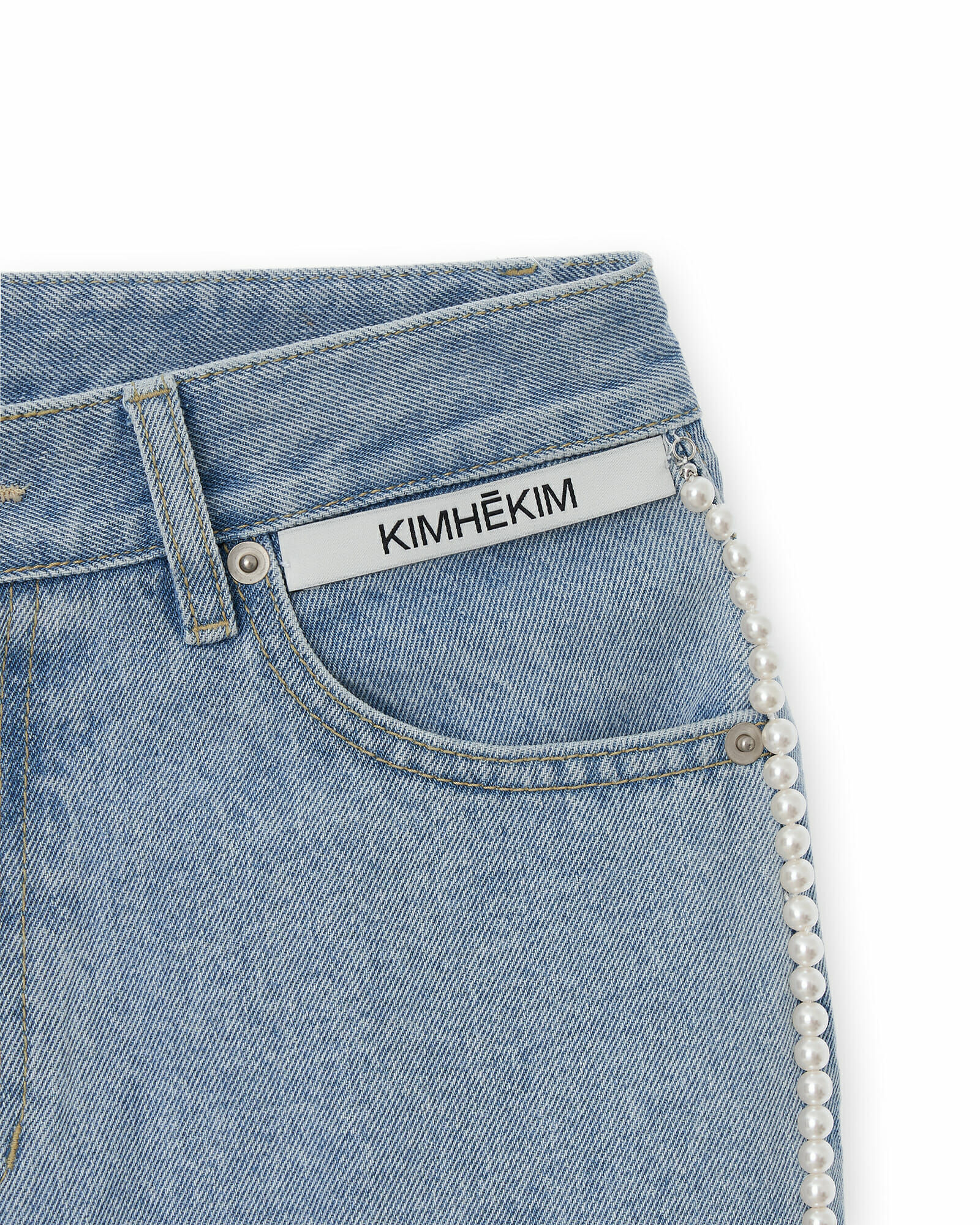 KIMHEKIM] PEARL EMBELLISHED WIDE LEG DENIM PANTS