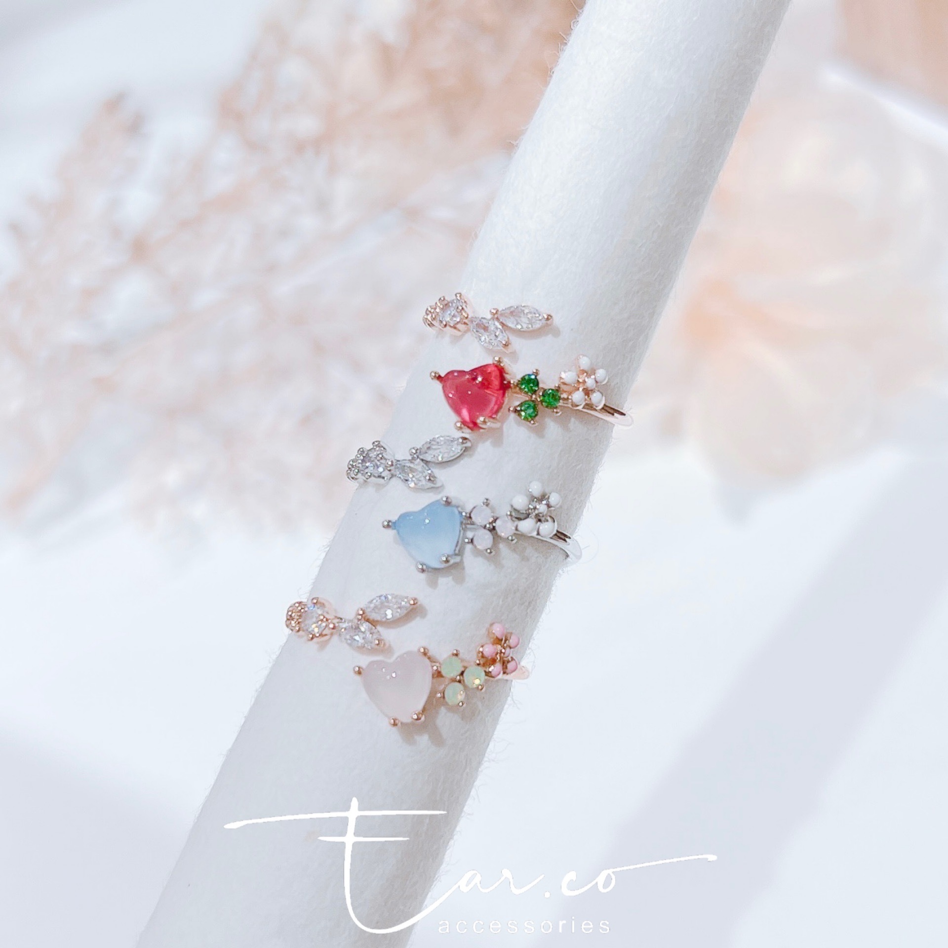 清新交錯樹枝小花愛心蛋白石戒指 #E317