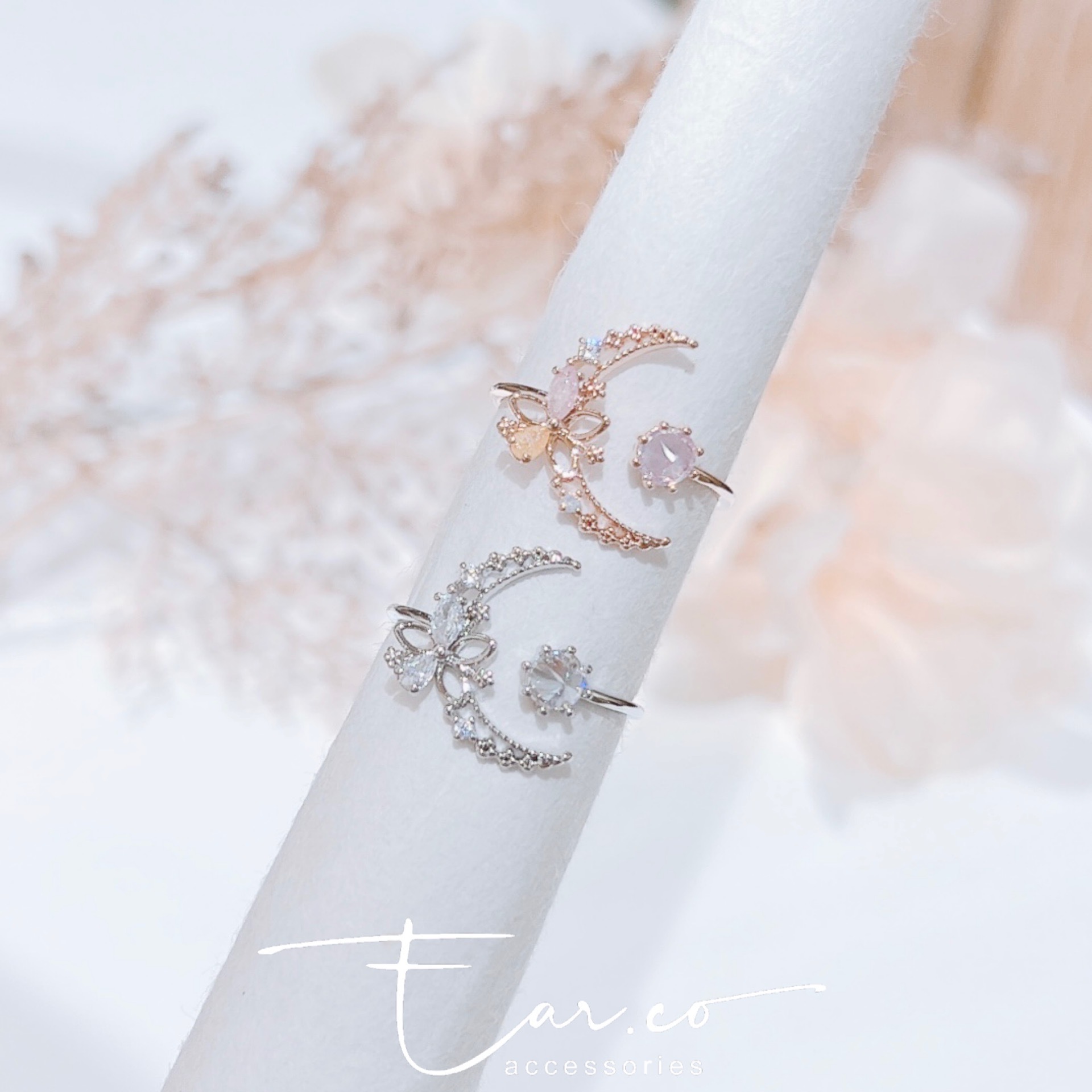 褸空月亮小花水晶戒指 #E298