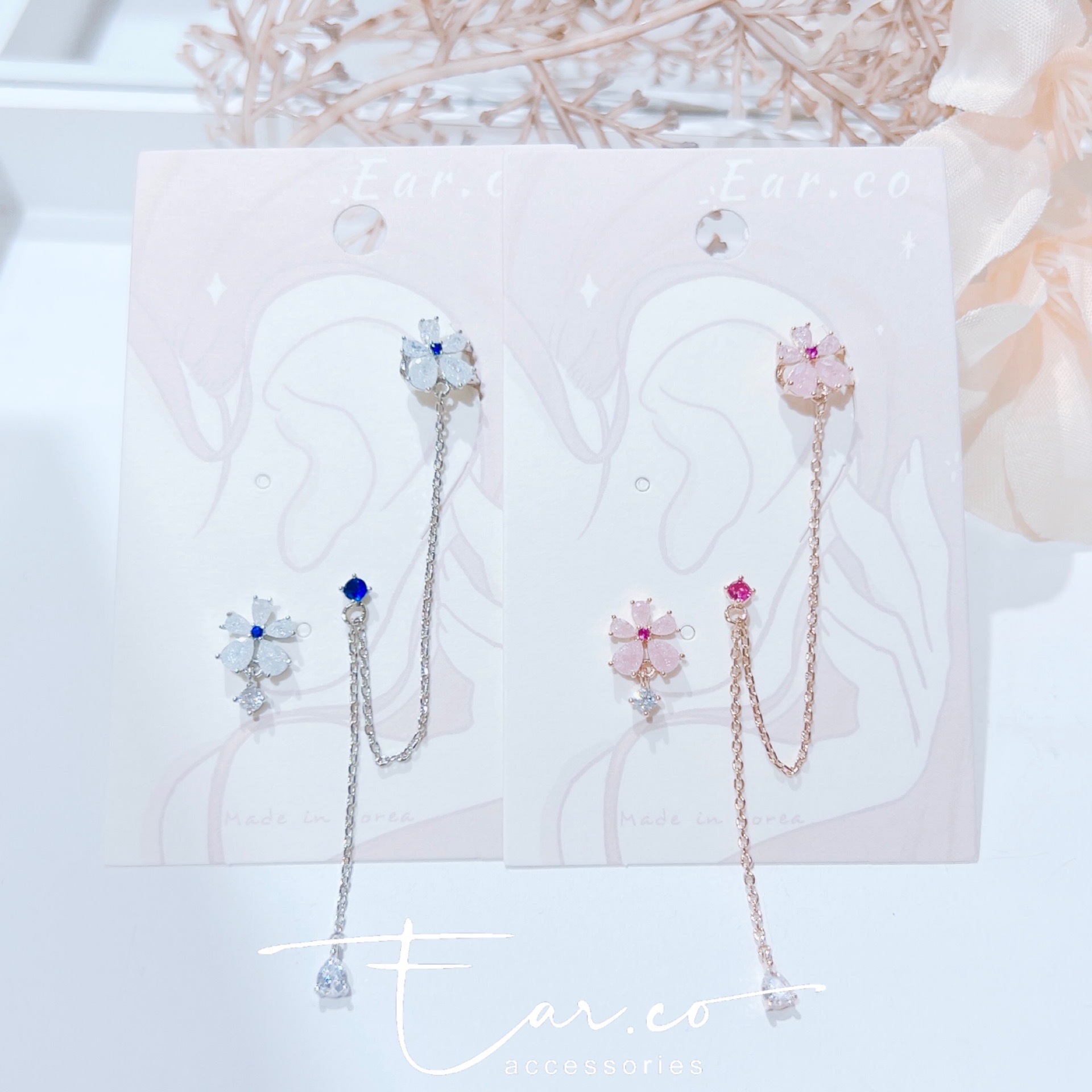 閃石五瓣小花耳環連耳骨夾 [一套] #E283