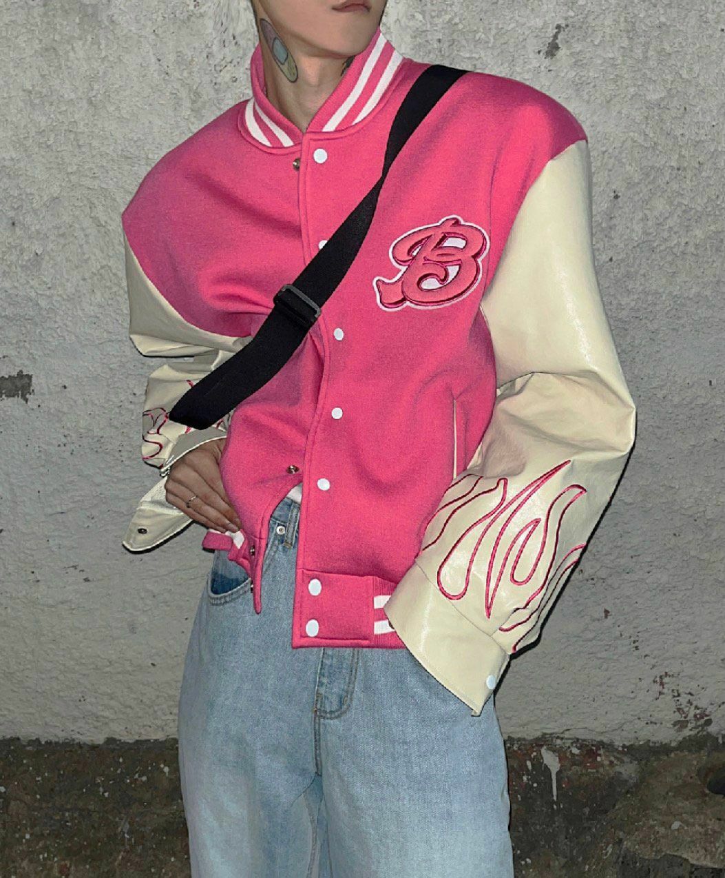 拼皮袖棉質棒球褸 DEAN-013JK