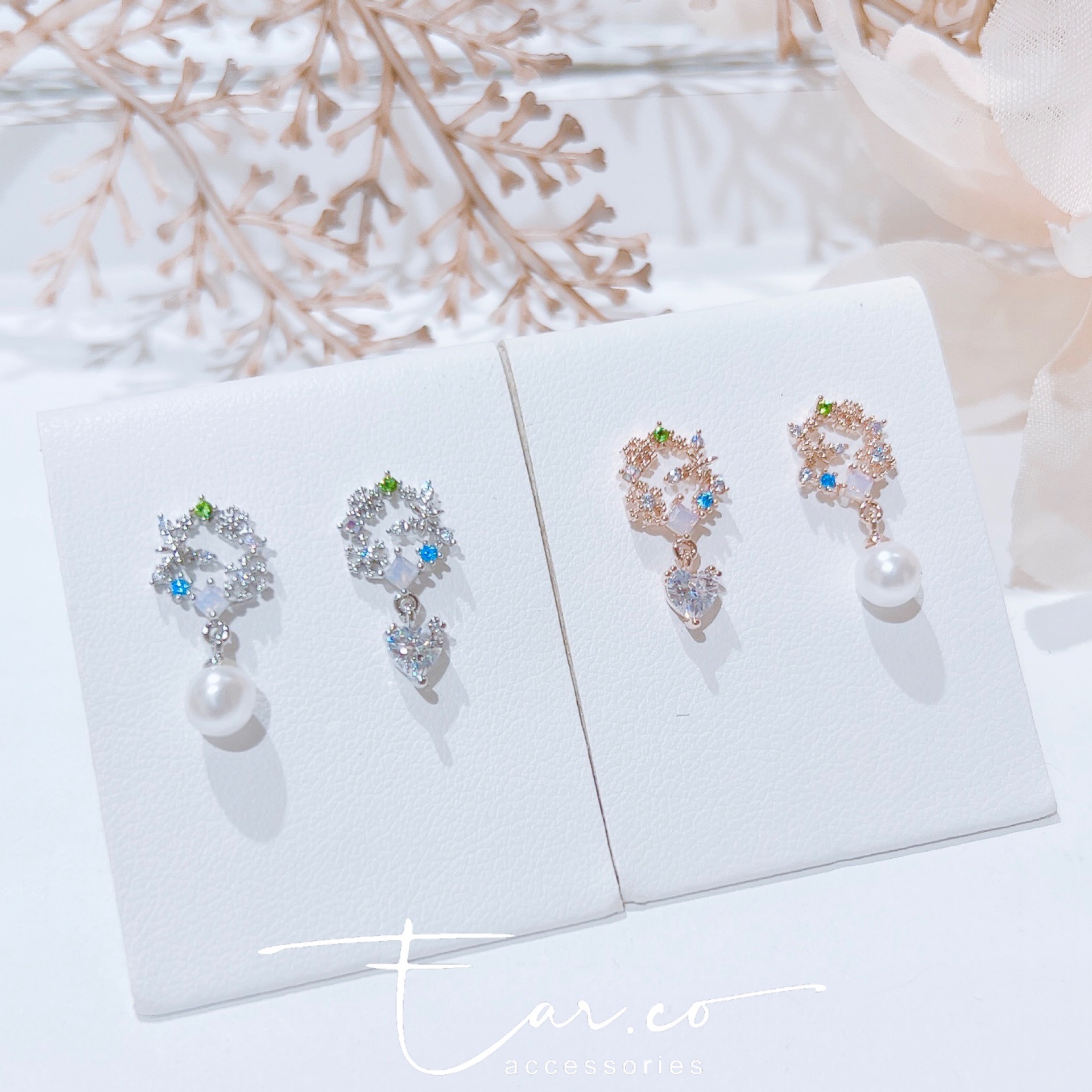 雪花閃石小圈垂釣愛心珍珠 #E272