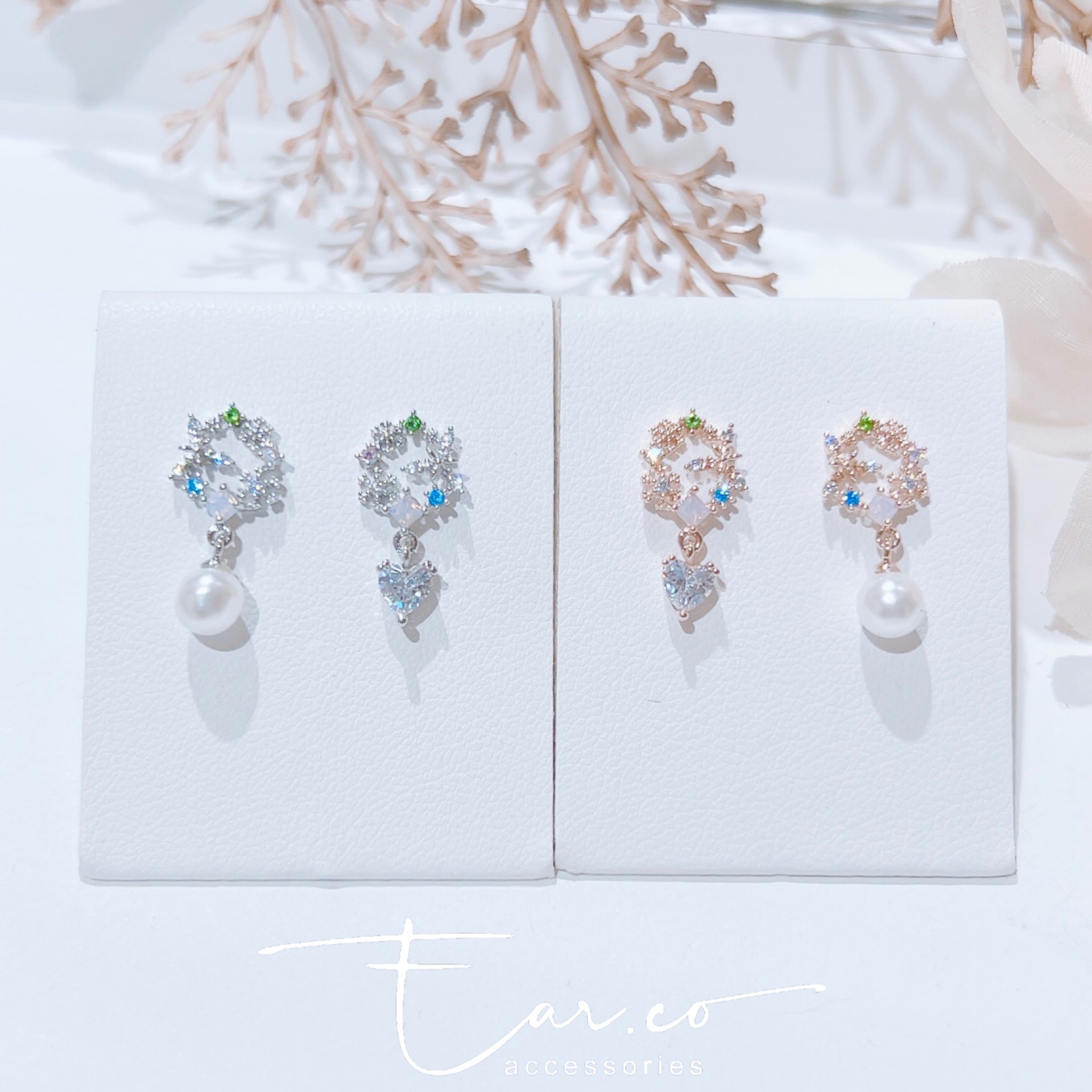 雪花閃石小圈垂釣愛心珍珠 #E272