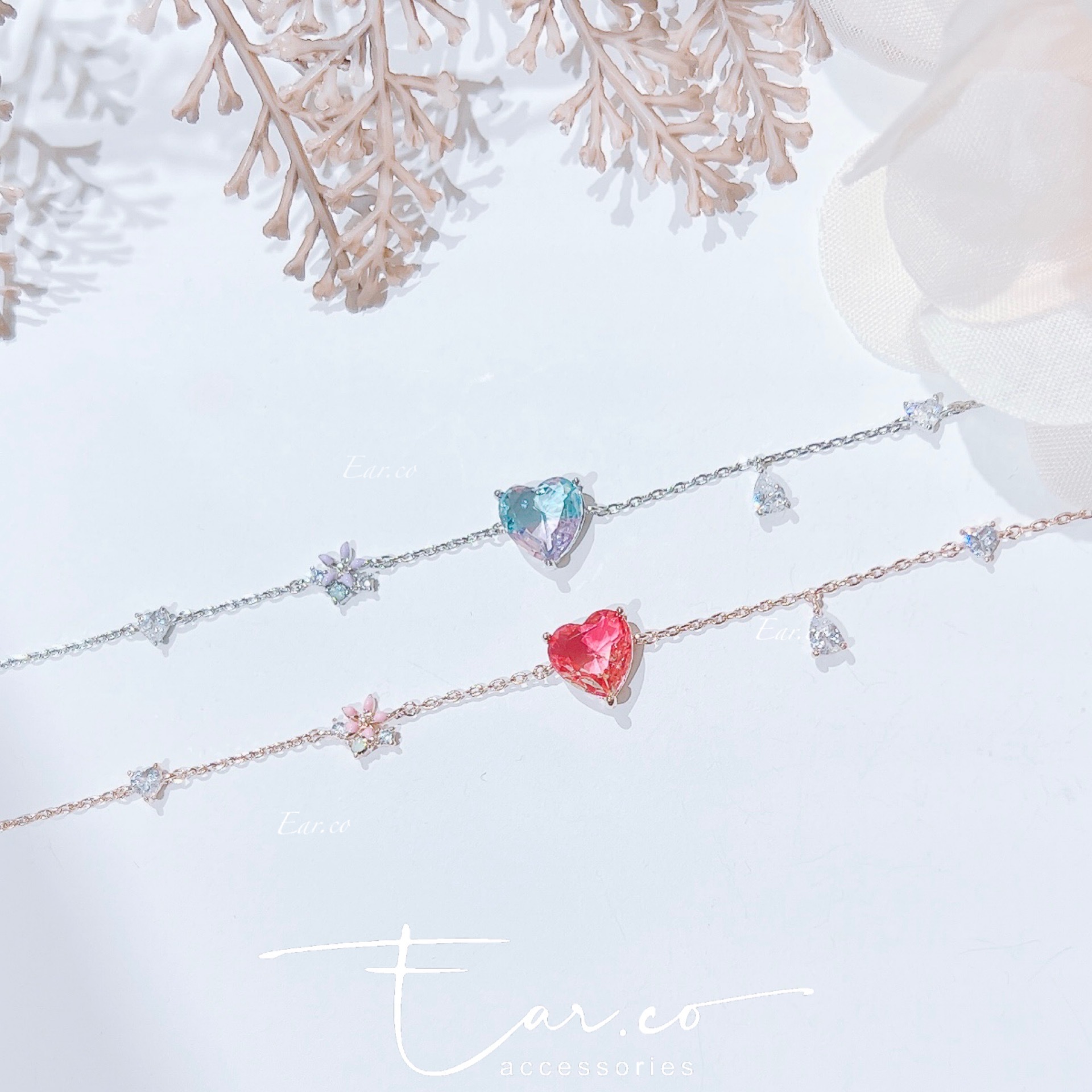 漸變愛心水晶小花手鏈 #E216