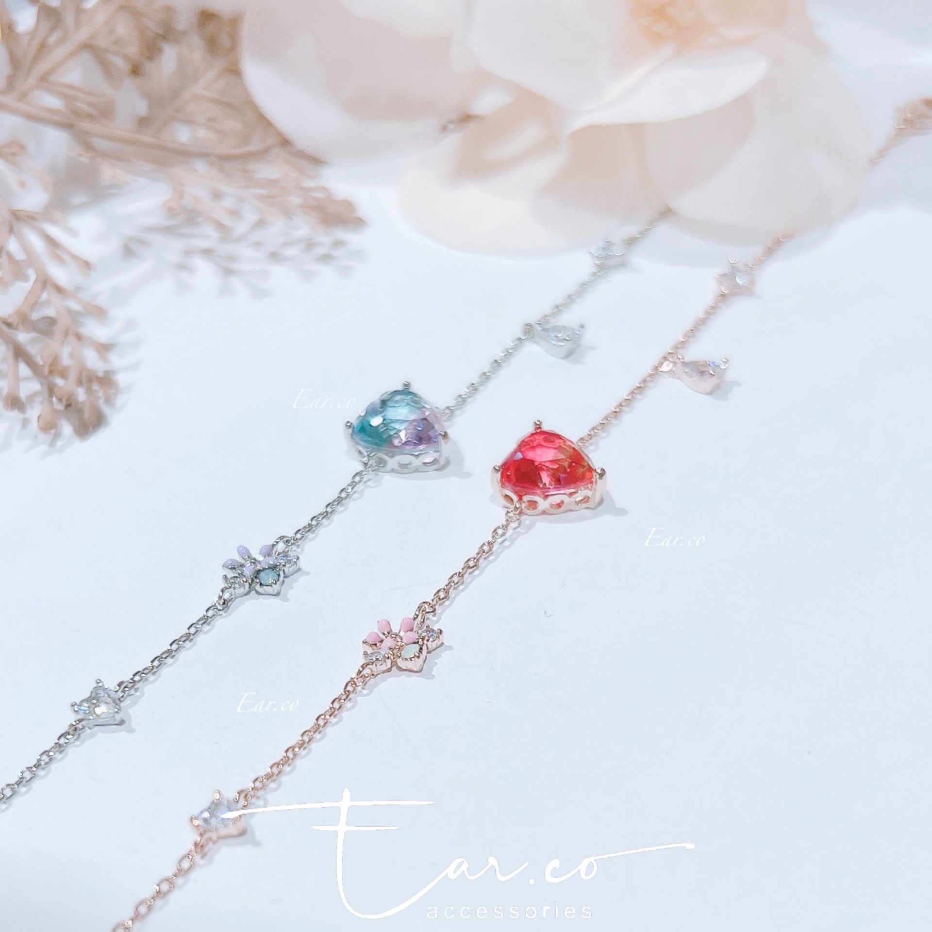 漸變愛心水晶小花手鏈 #E216