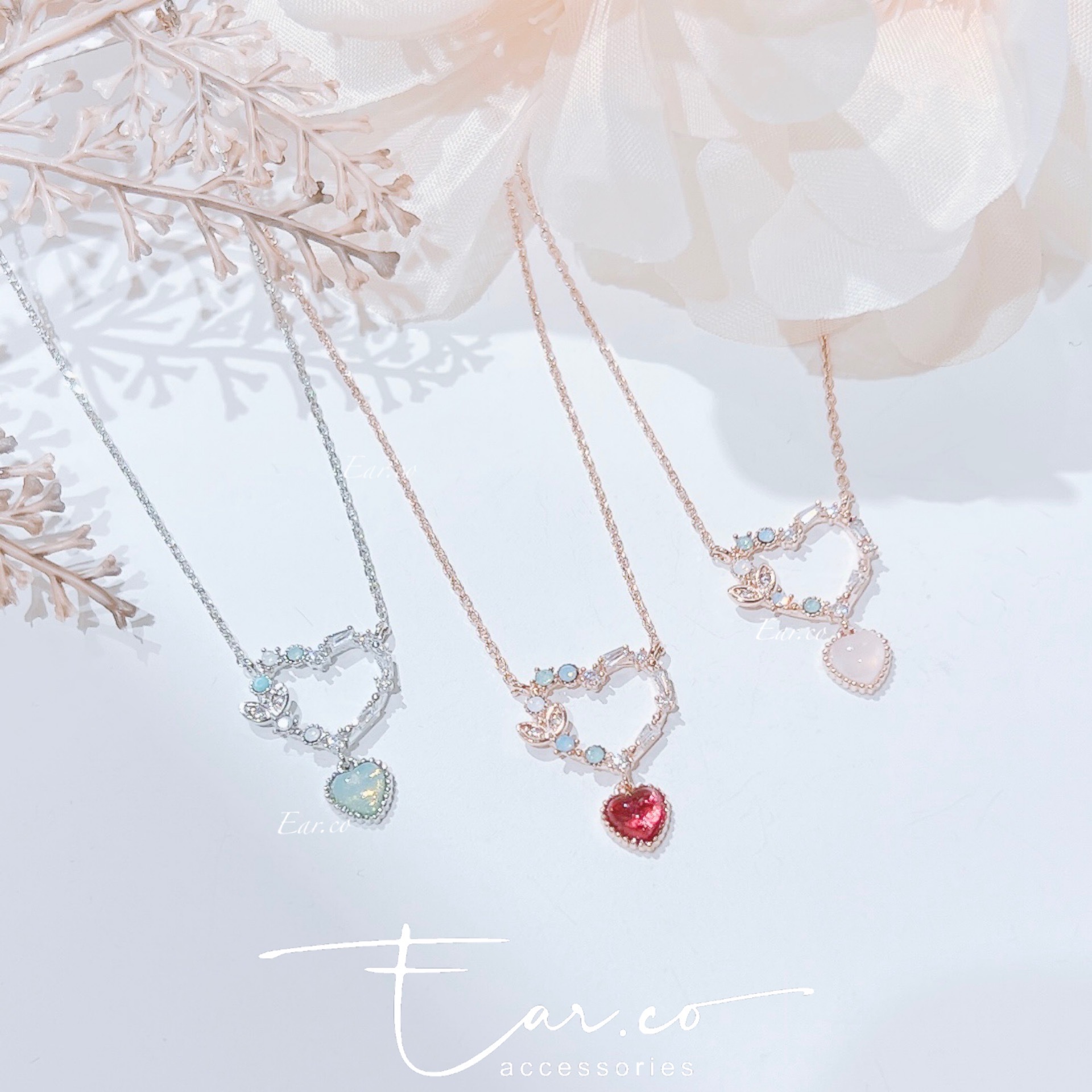 小草苗愛心花圈垂釣蛋白石頸鏈