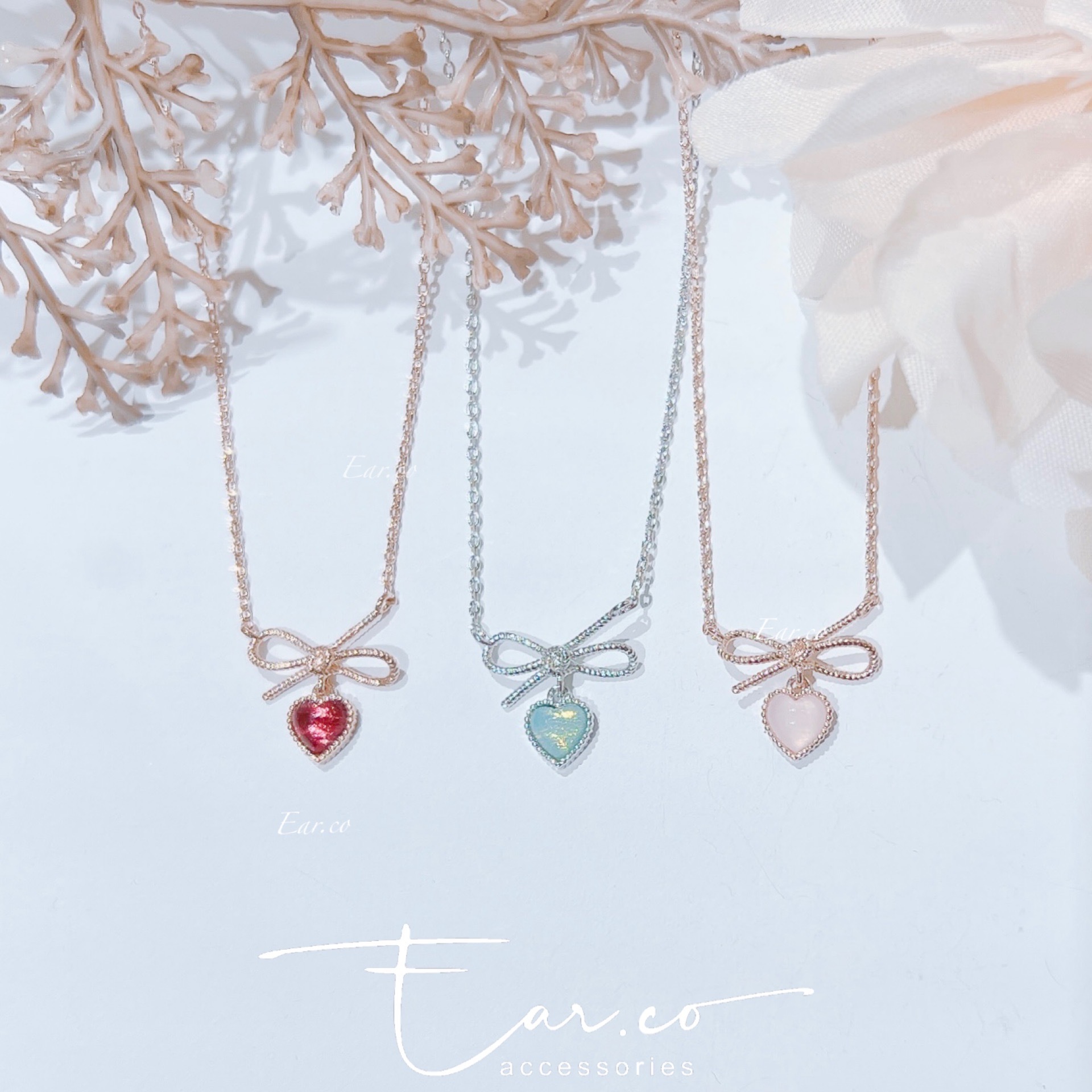 打結蝴蝶結垂釣蛋白石小愛心頸鏈