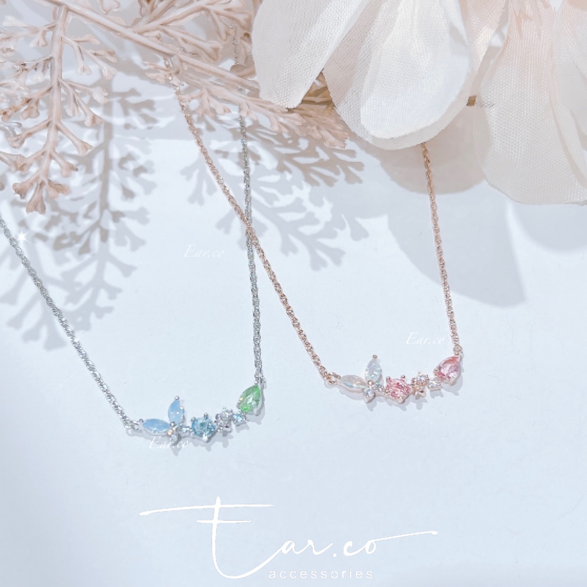 彩色小蝴蝶一排水晶頸鏈