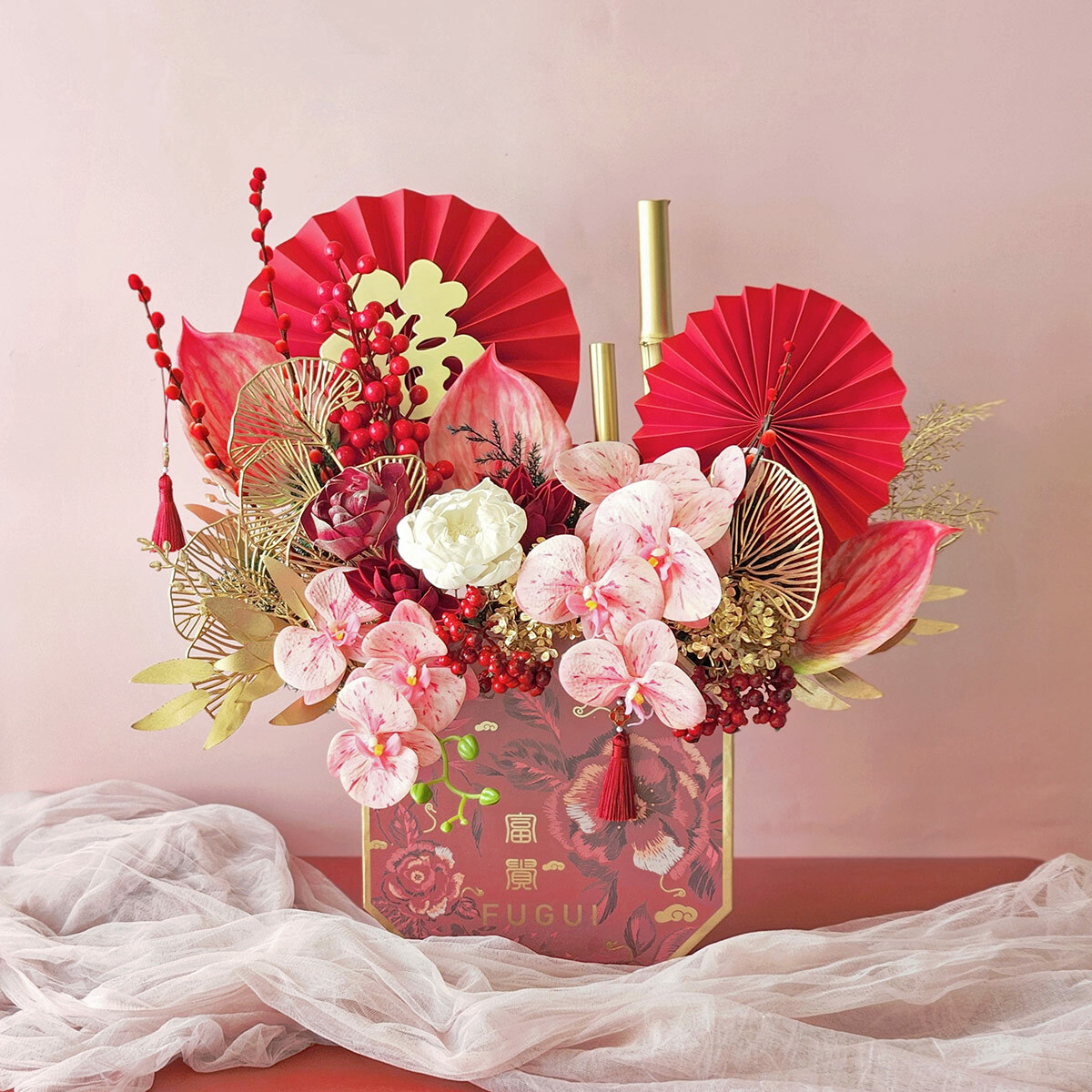 T76｜富貴有餘新年桌花｜索拉花/高擬真花/永生葉材｜紅色系盆花