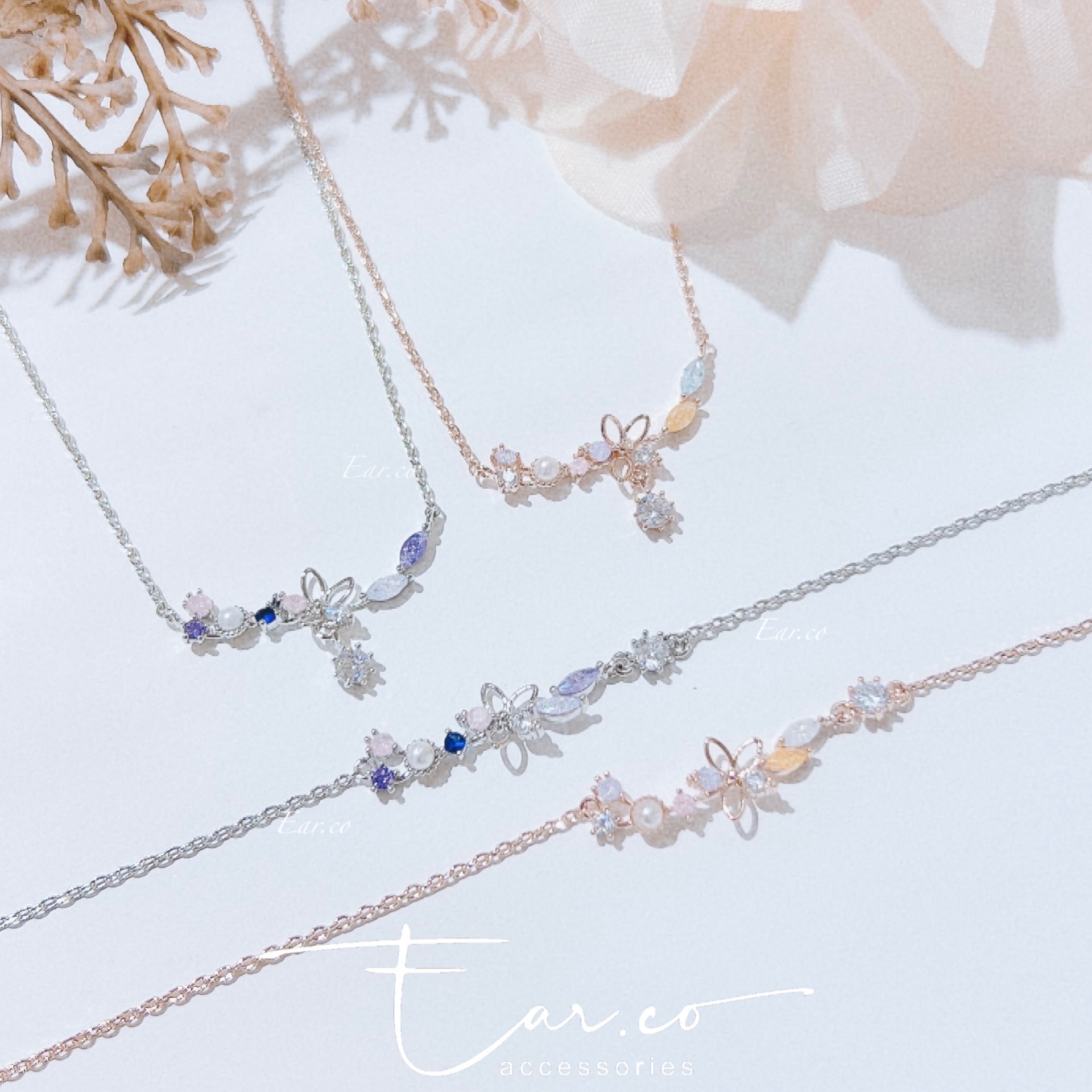 彩色閃石小花珍珠手鏈/頸鏈