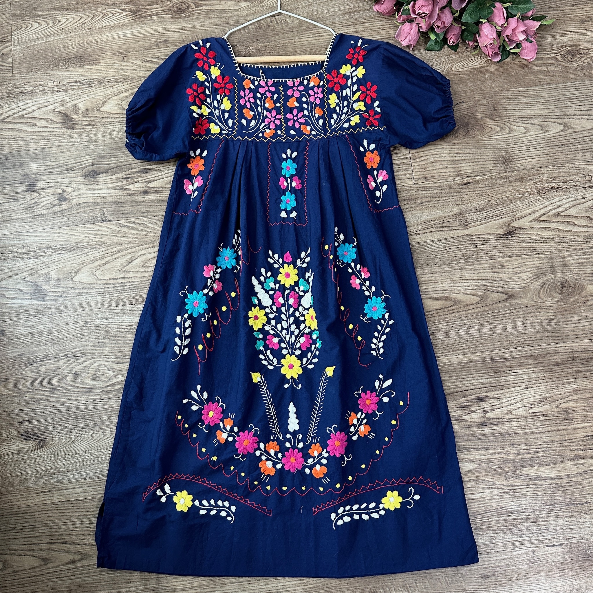 深藍色墨西哥刺繡連身裙