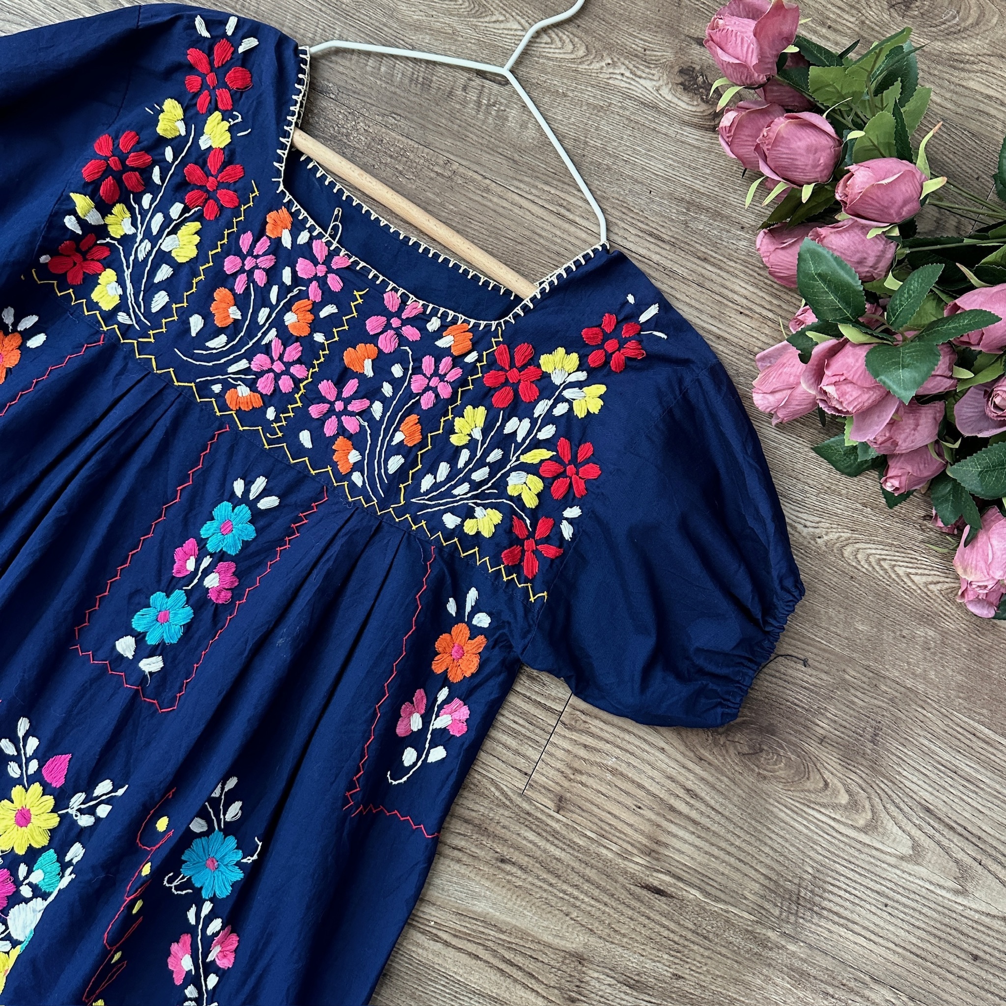 深藍色墨西哥刺繡連身裙