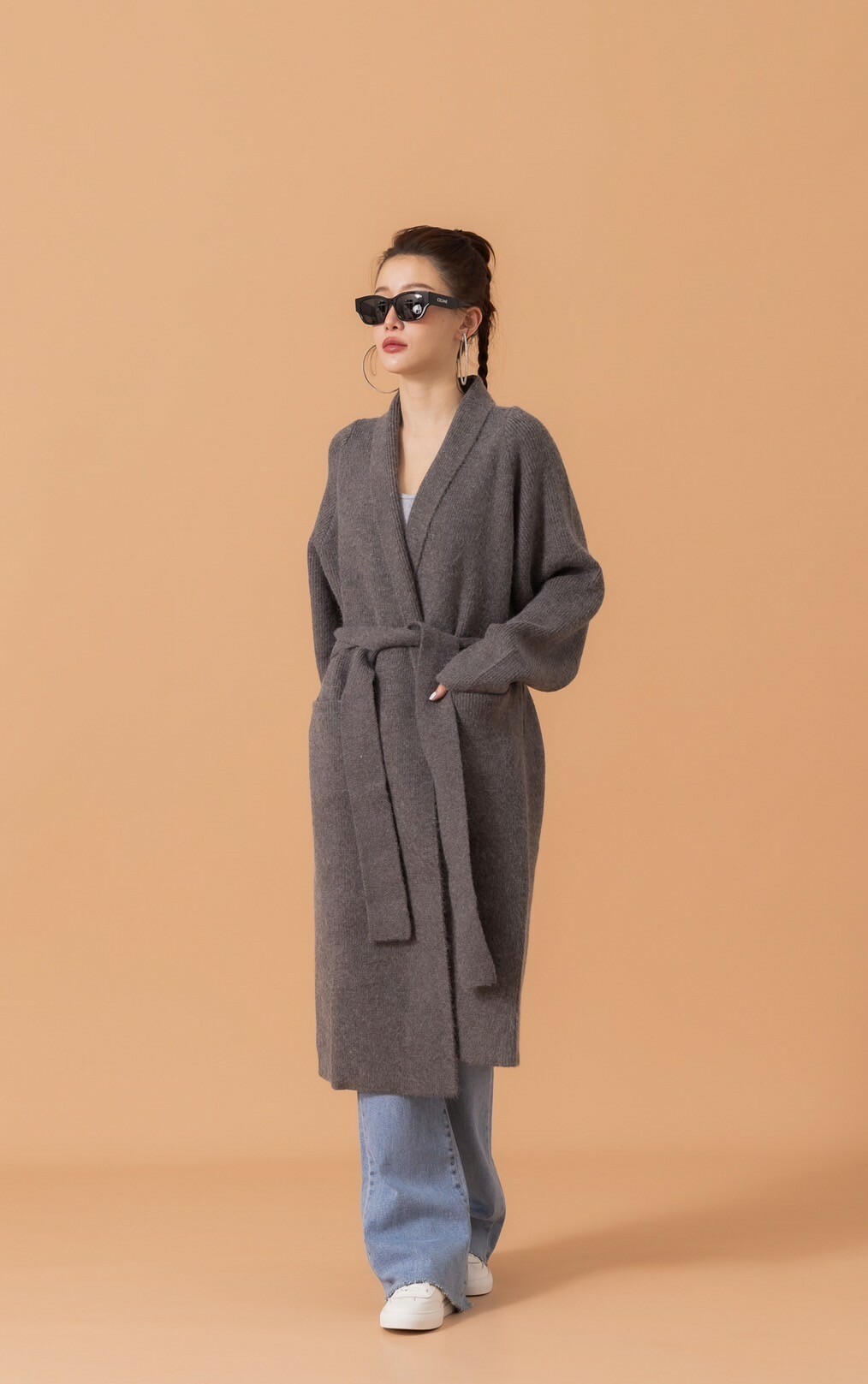 綁帶針織長罩衫_AMISSA（深灰）