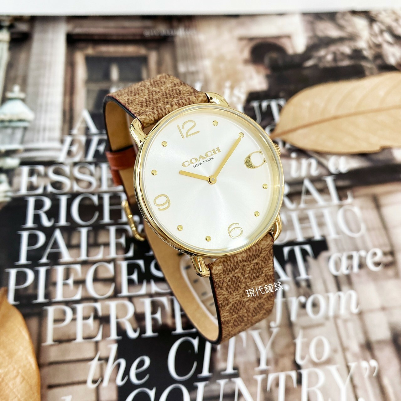 【COACH】經典C字LOGO棕色花紋皮革錶帶CO14504205 36mm 現代鐘錶