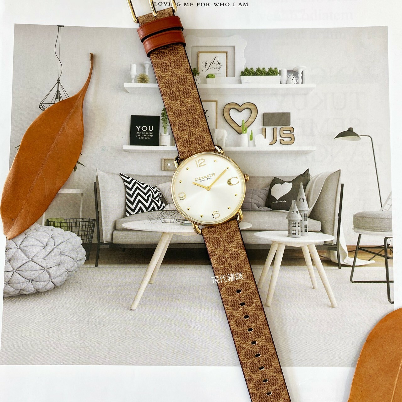 【COACH】經典C字LOGO棕色花紋皮革錶帶CO14504205 36mm 現代鐘錶