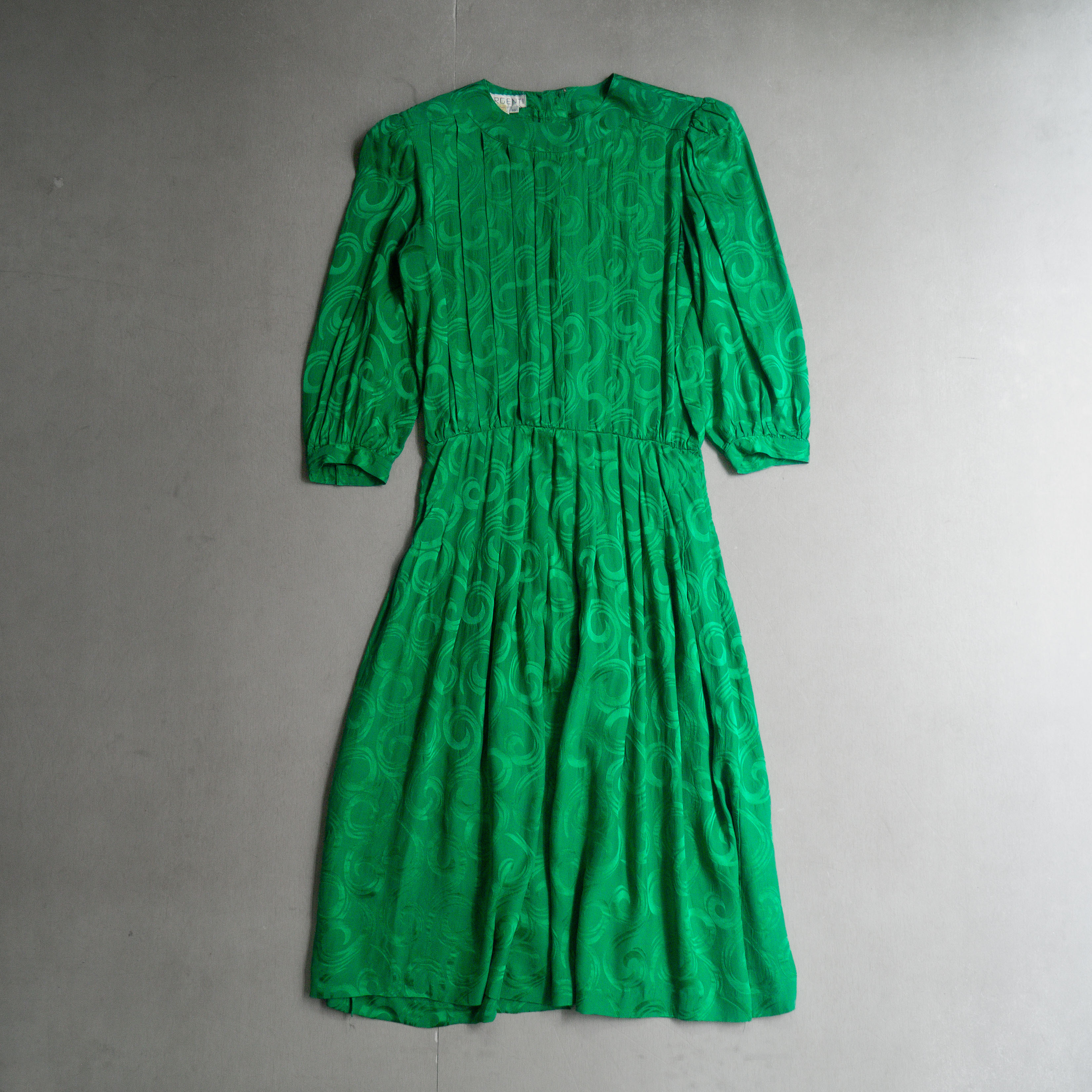 80S VINTAGE MAXI DRESS 美國 亮綠 七分袖 打摺 絲質 圓領 長版 長洋裝