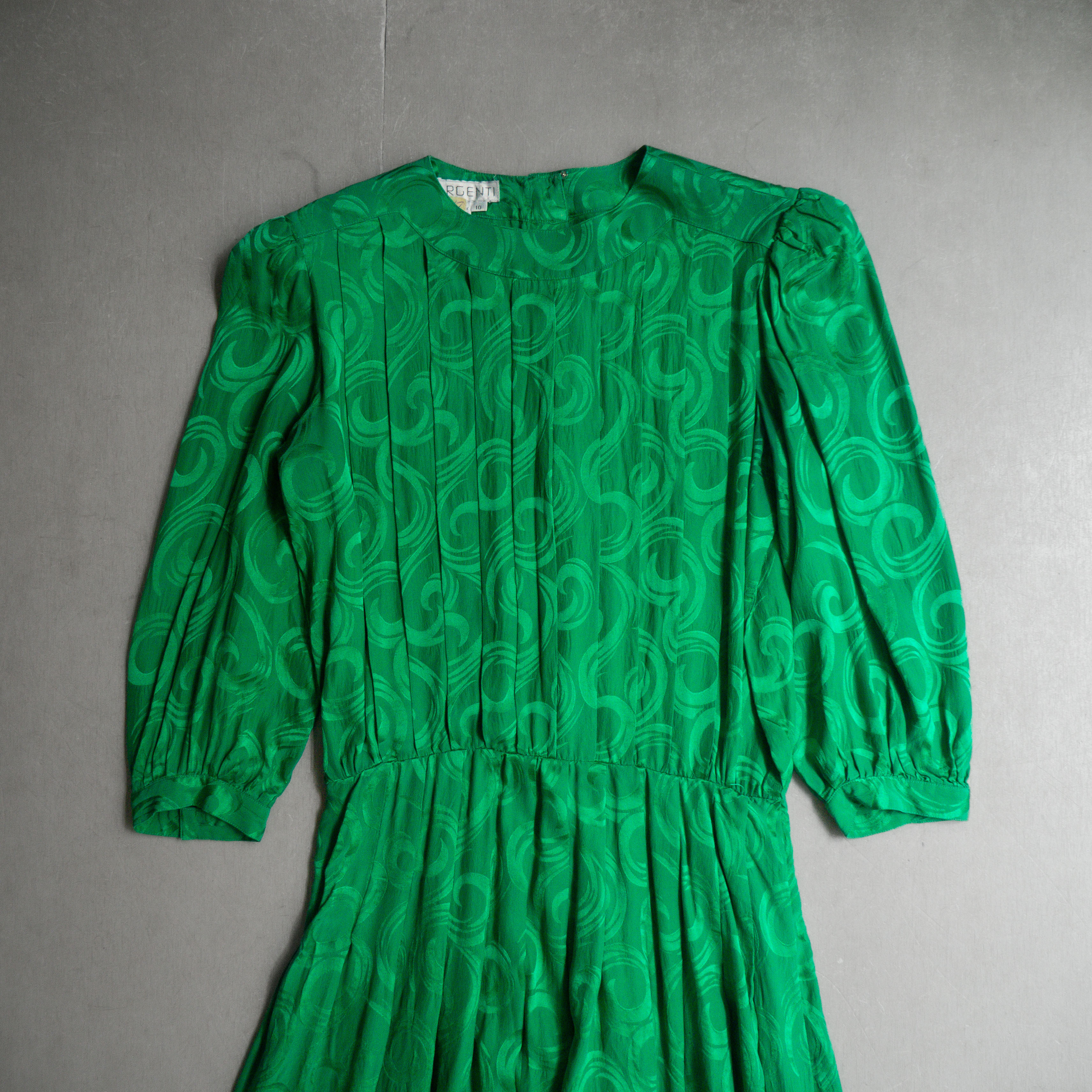 80S VINTAGE MAXI DRESS 美國 亮綠 七分袖 打摺 絲質 圓領 長版 長洋裝