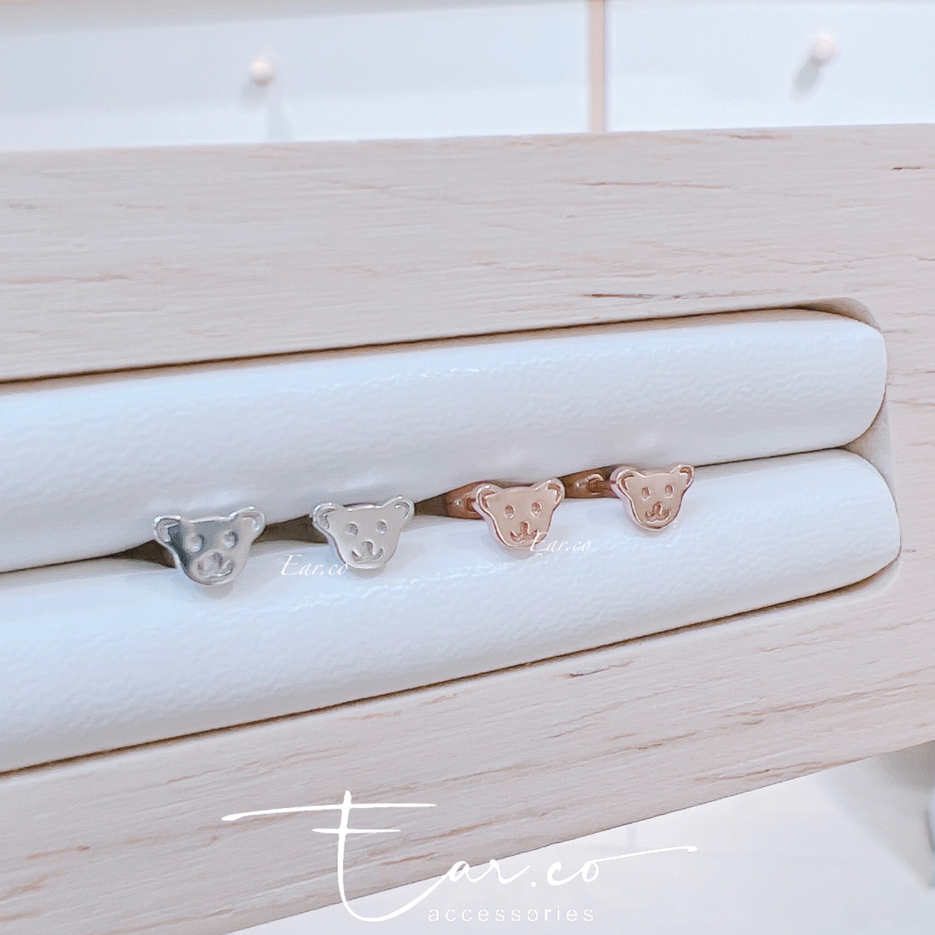 光面迷你小熊頭純銀耳珠/耳骨釘 [一對] #P028