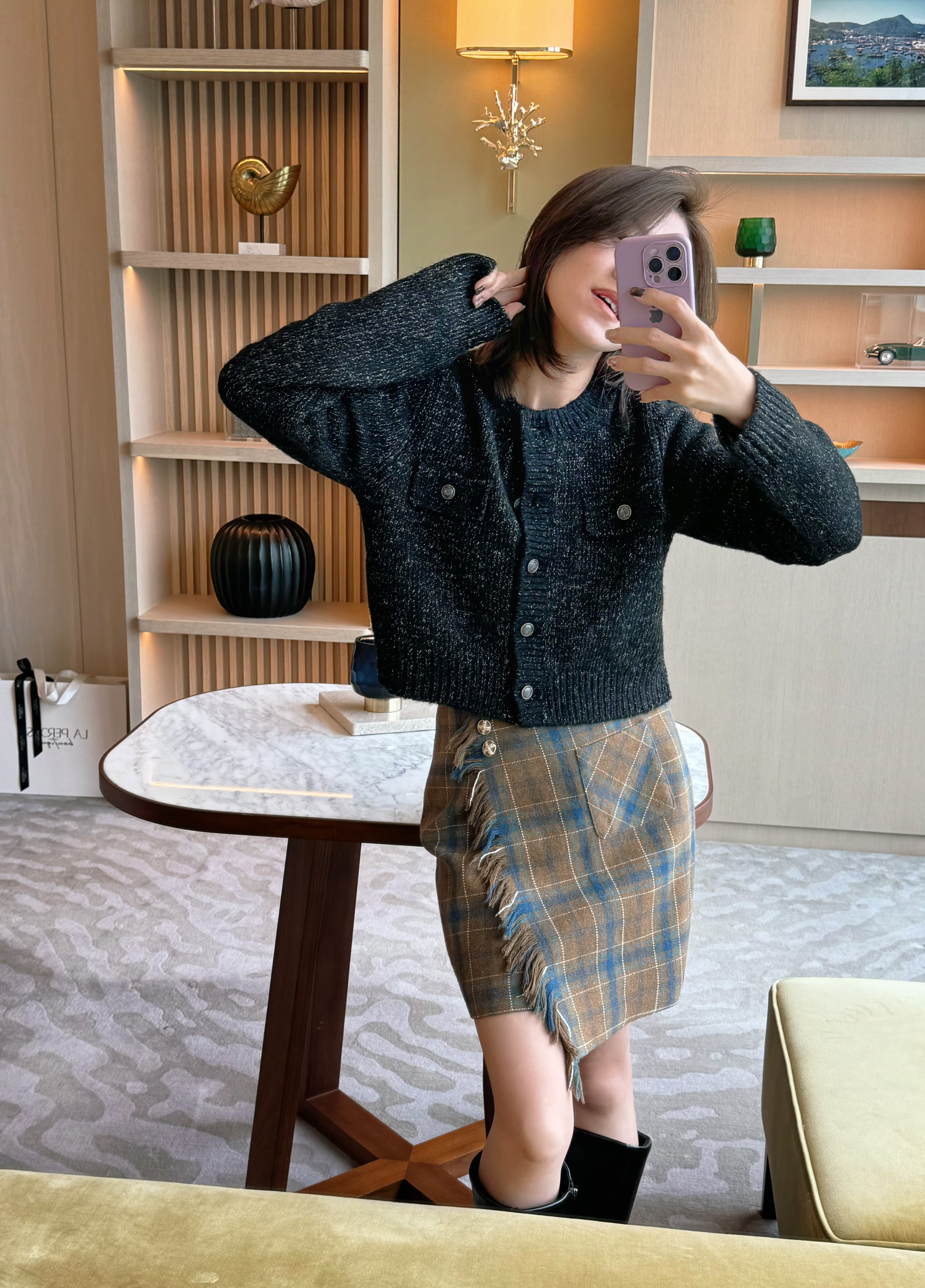 Wrap-Effect Tassel Check Wool-Blend Mini Skirt_SK2312L05