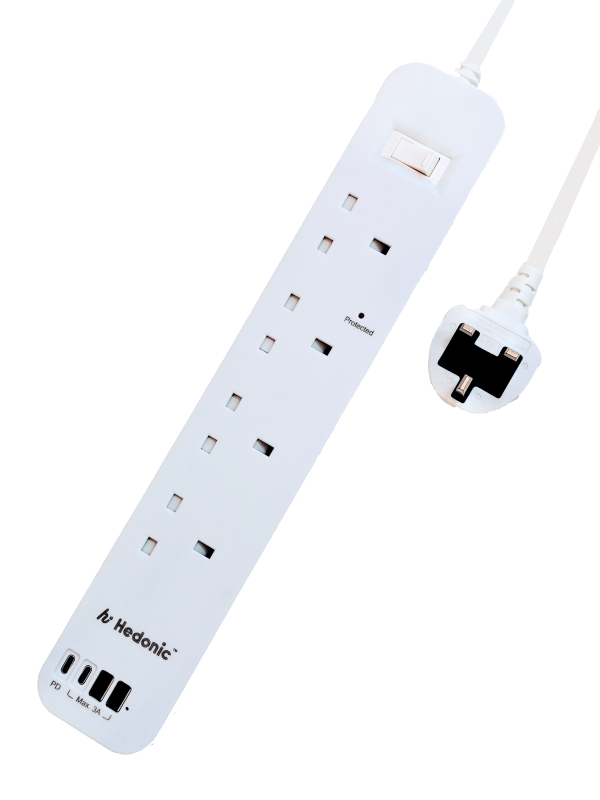Hedonic 4位13A插座 & 2位 Type-C+2位USB-A Ports 防雷拖板