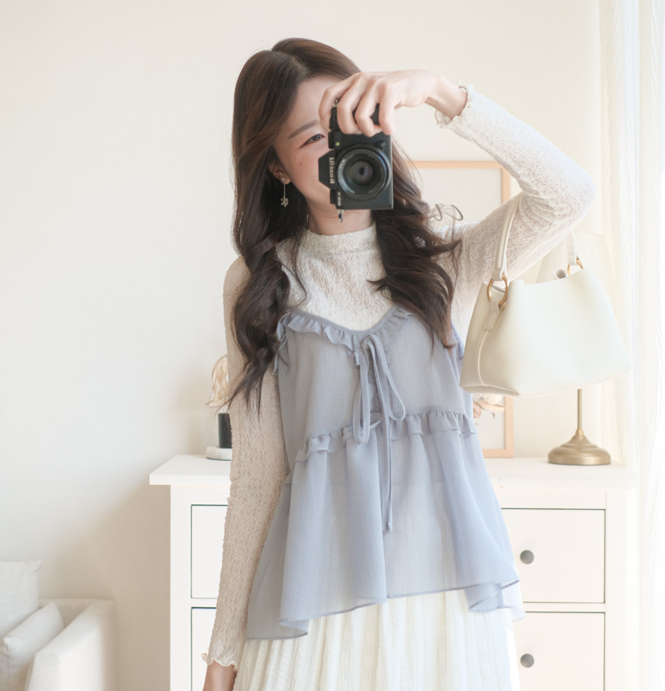 層次穿搭必備！Ruffle吊帶小背心 (淺杏/水藍/黑) TOP269
