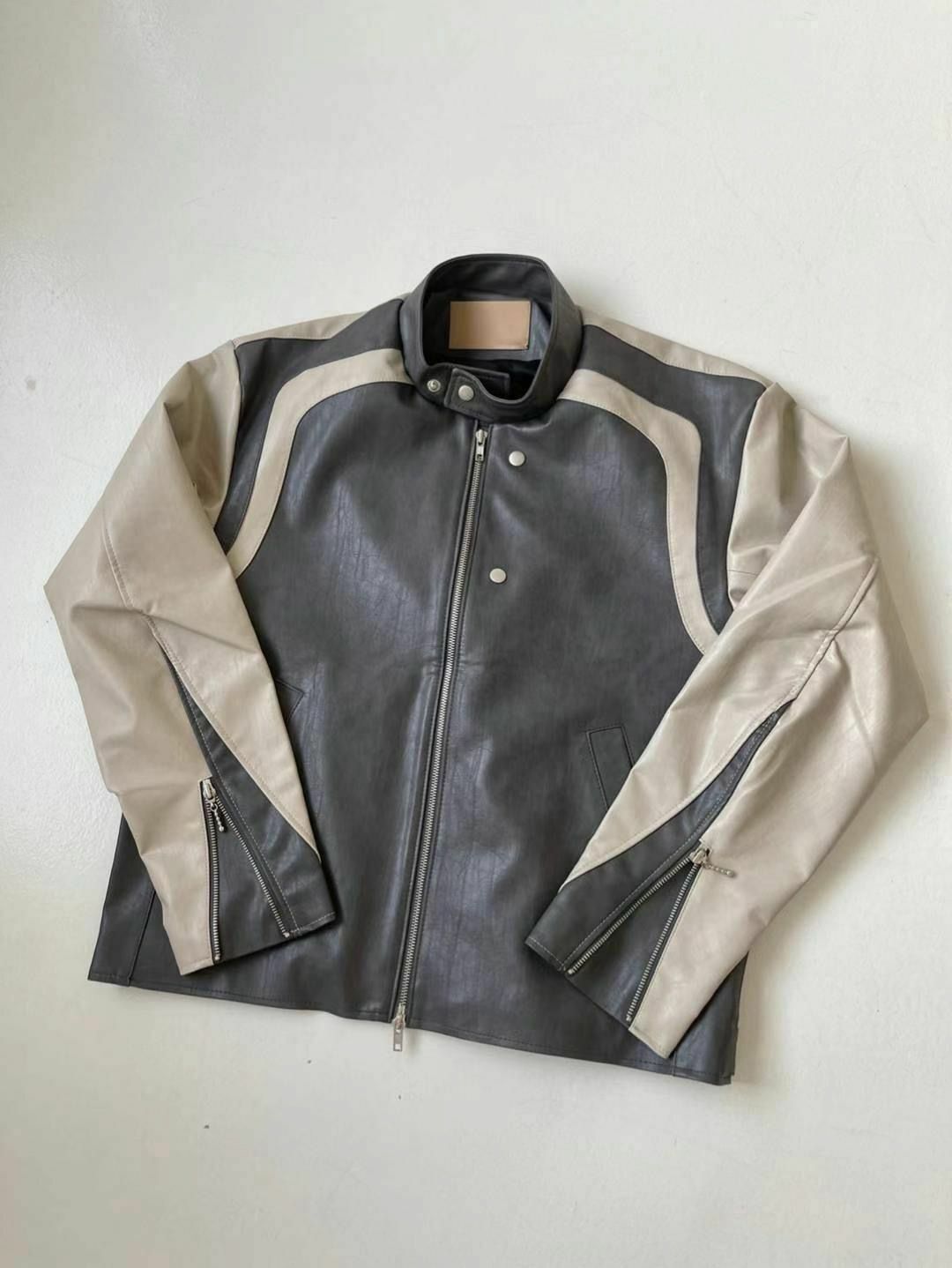 拼色企領拉鍊合成皮褸 JK2492