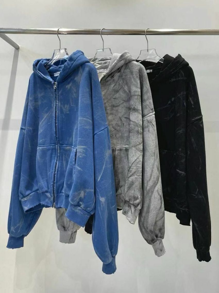 仿污淨色連帽拉鍊外套(薄抓毛底) JK2498