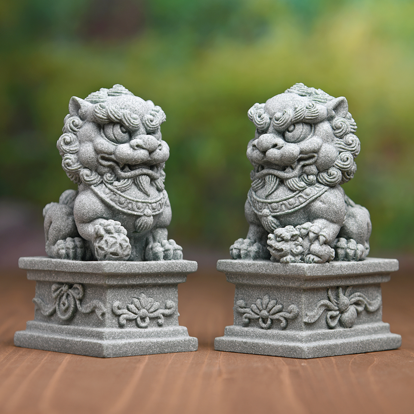 傳藝工坊- 『招財臨門鎮宅石獅』Q版招財平安獅子青砂石塑一對收藏