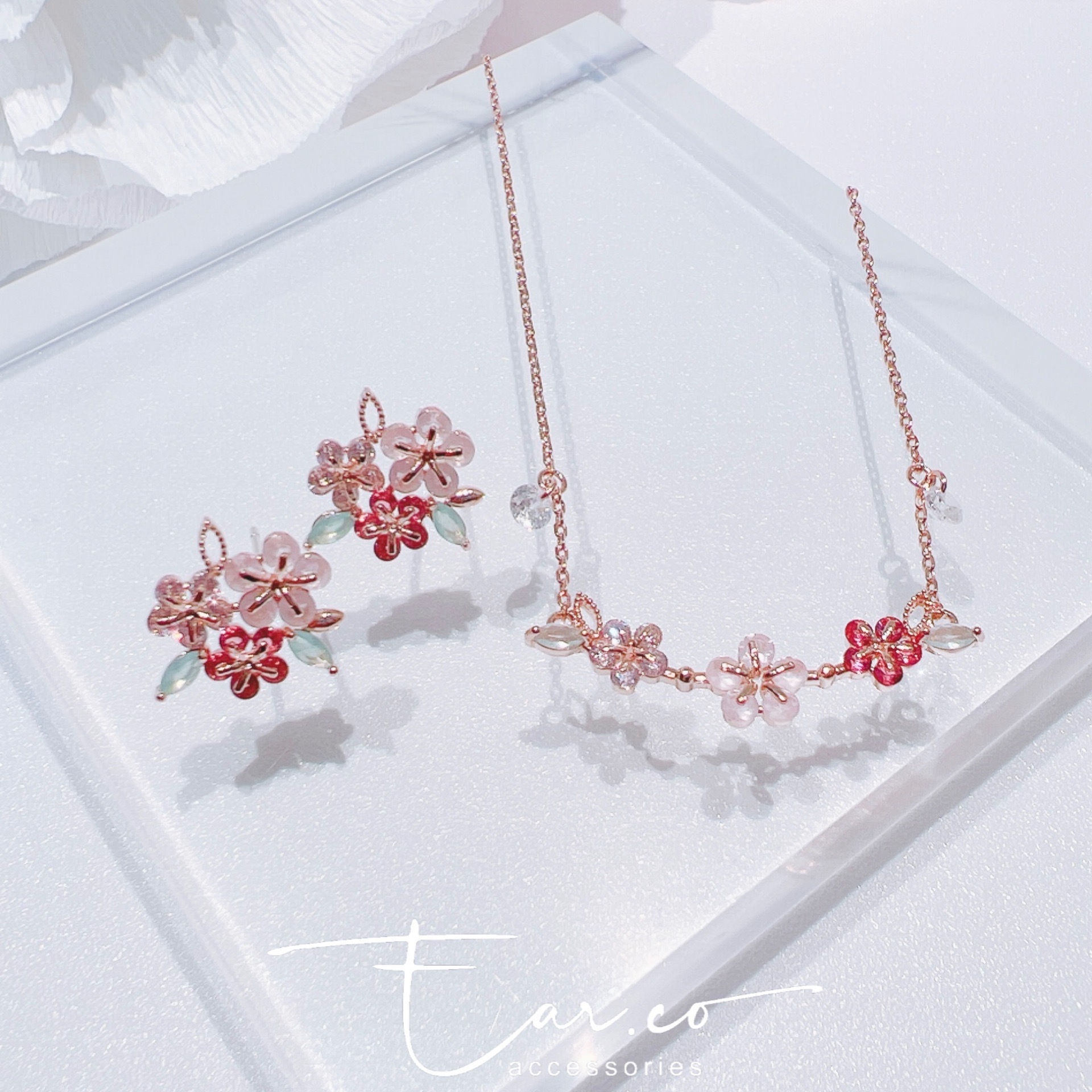 拼色閃石小櫻花耳環/頸鏈 #H28