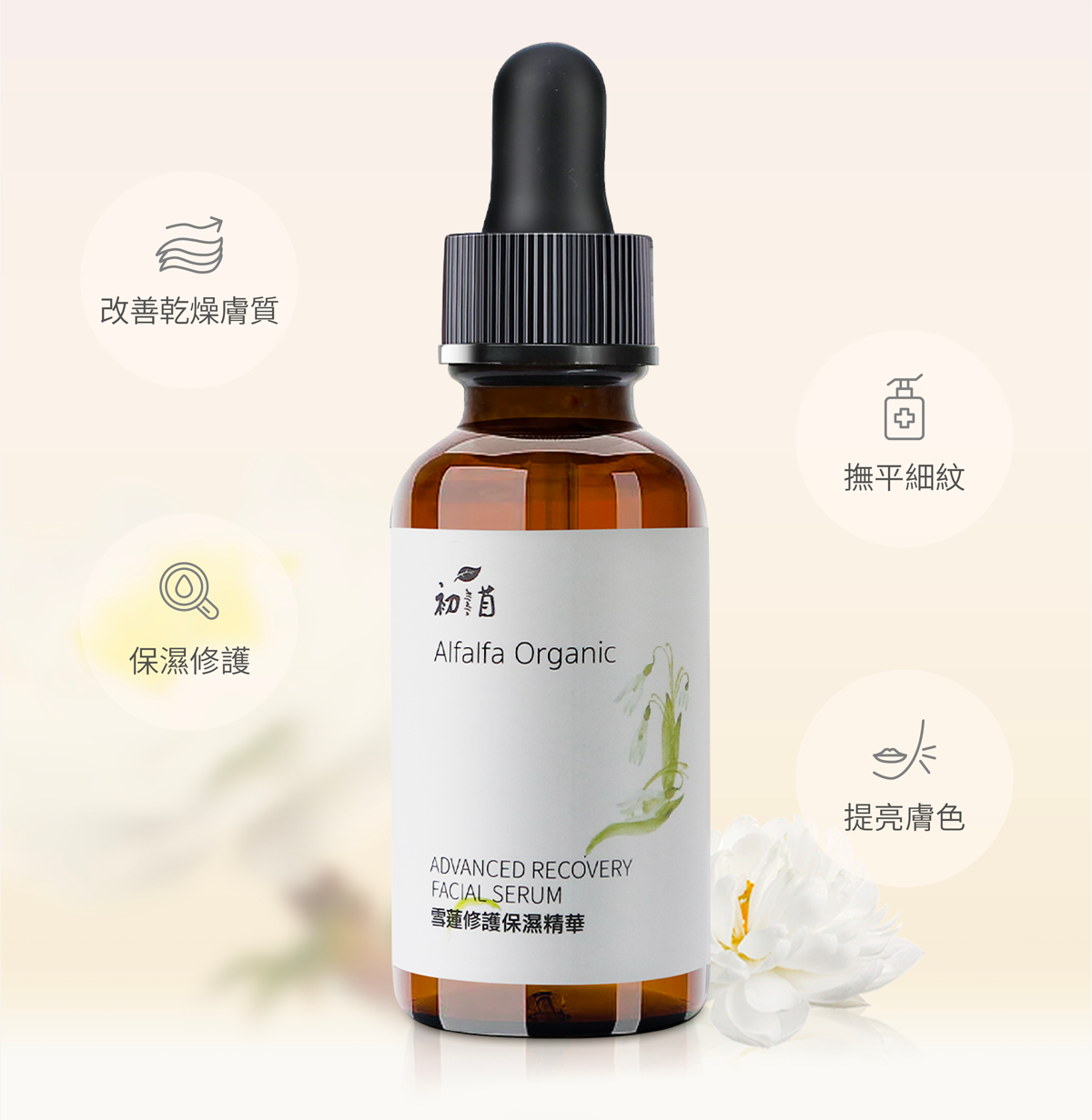 serum,精華,保濕,鎮靜,提亮,細紋,護膚品,初苜,alfalfa,alfalfa organic,中醫,中藥,雪蓮,保濕精華,過敏,抗敏,補水,過敏肌,乾肌,乾燥肌