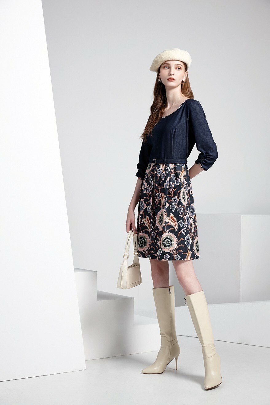 時尚個性七分袖拼接復古印花褶裙修身洋裝T6502