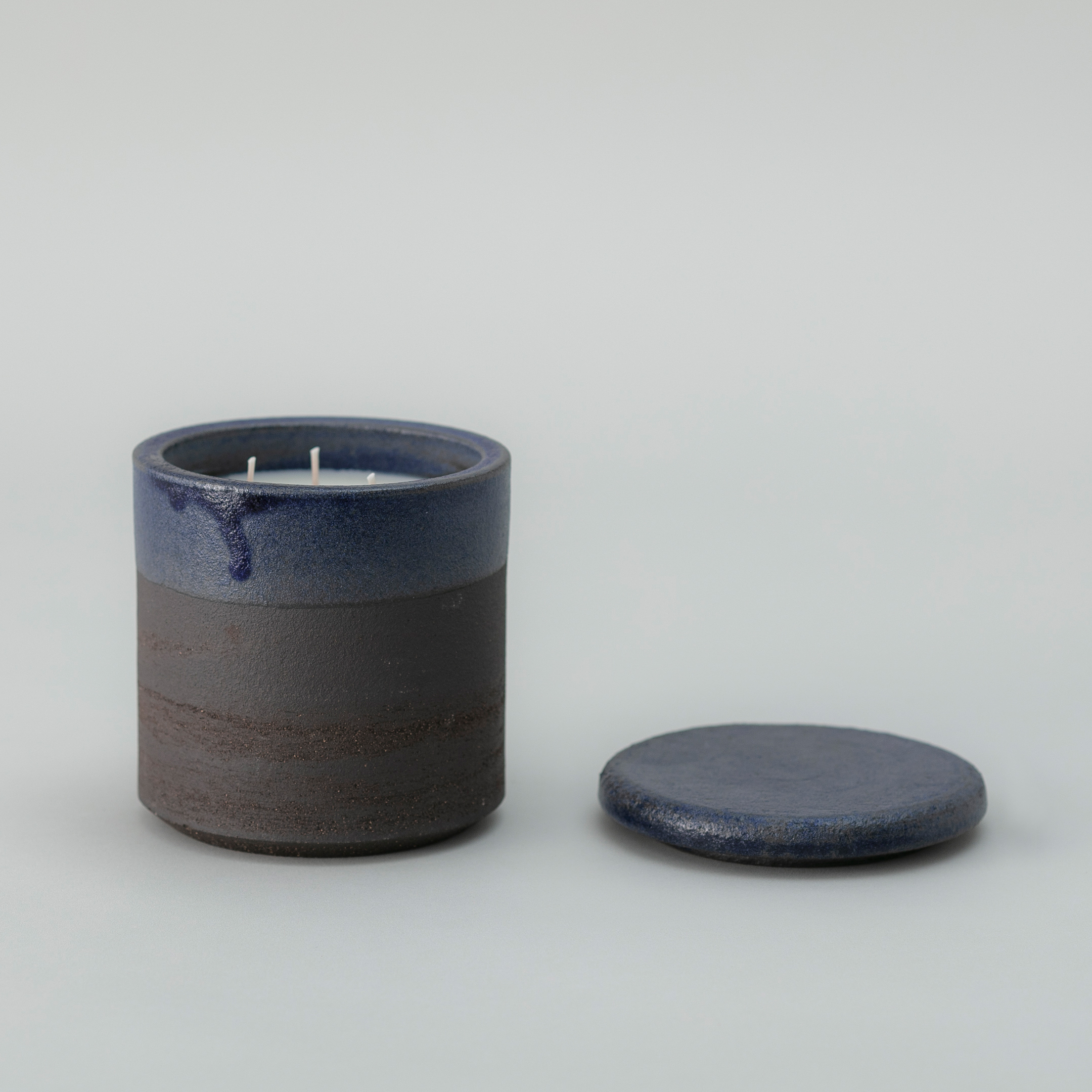 WAKS 手製粗陶工藝系列三燭芯香氛蠟燭藍瓶-無花果