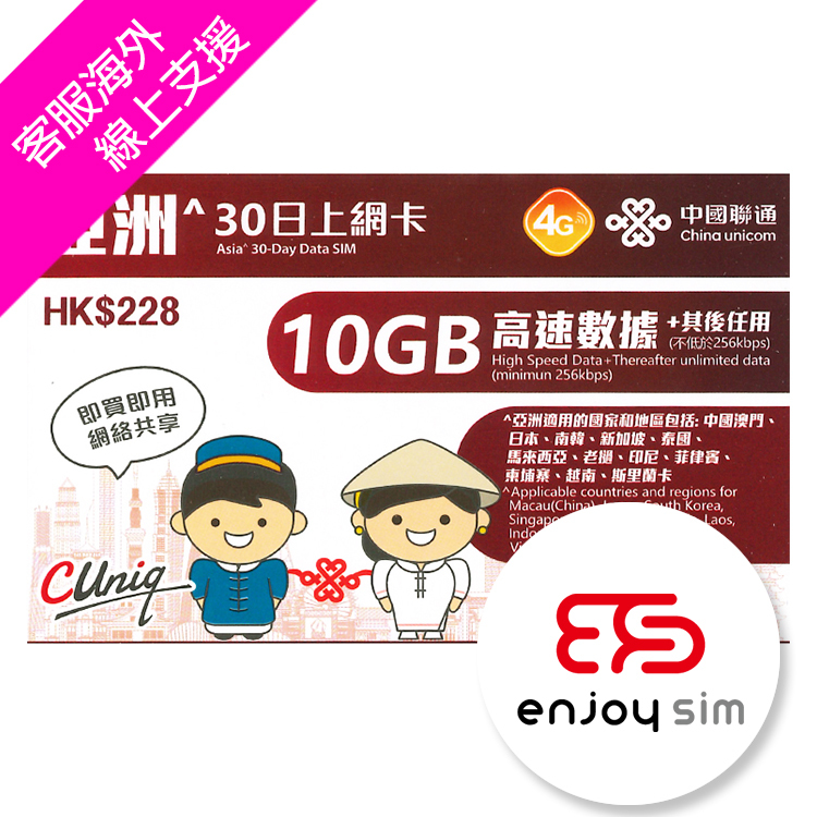 China Unicom - 30days【Asia】(10GB) 4G Unlimited Data SIM Card
