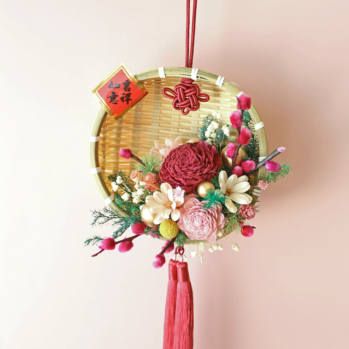 WR19｜米篩掛飾/新年花圈｜乾燥花/永生葉材