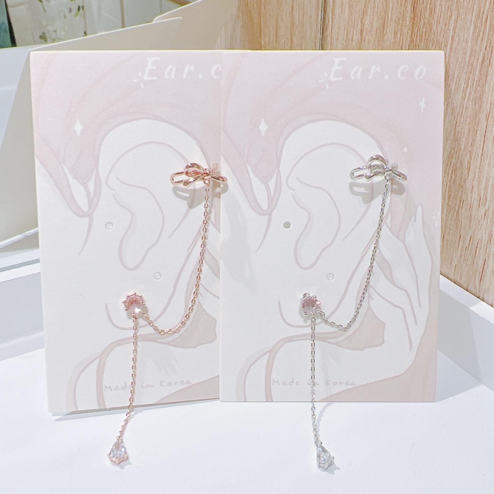 浪漫蝴蝶結耳骨夾拼垂釣水晶耳環 [單支] #H7