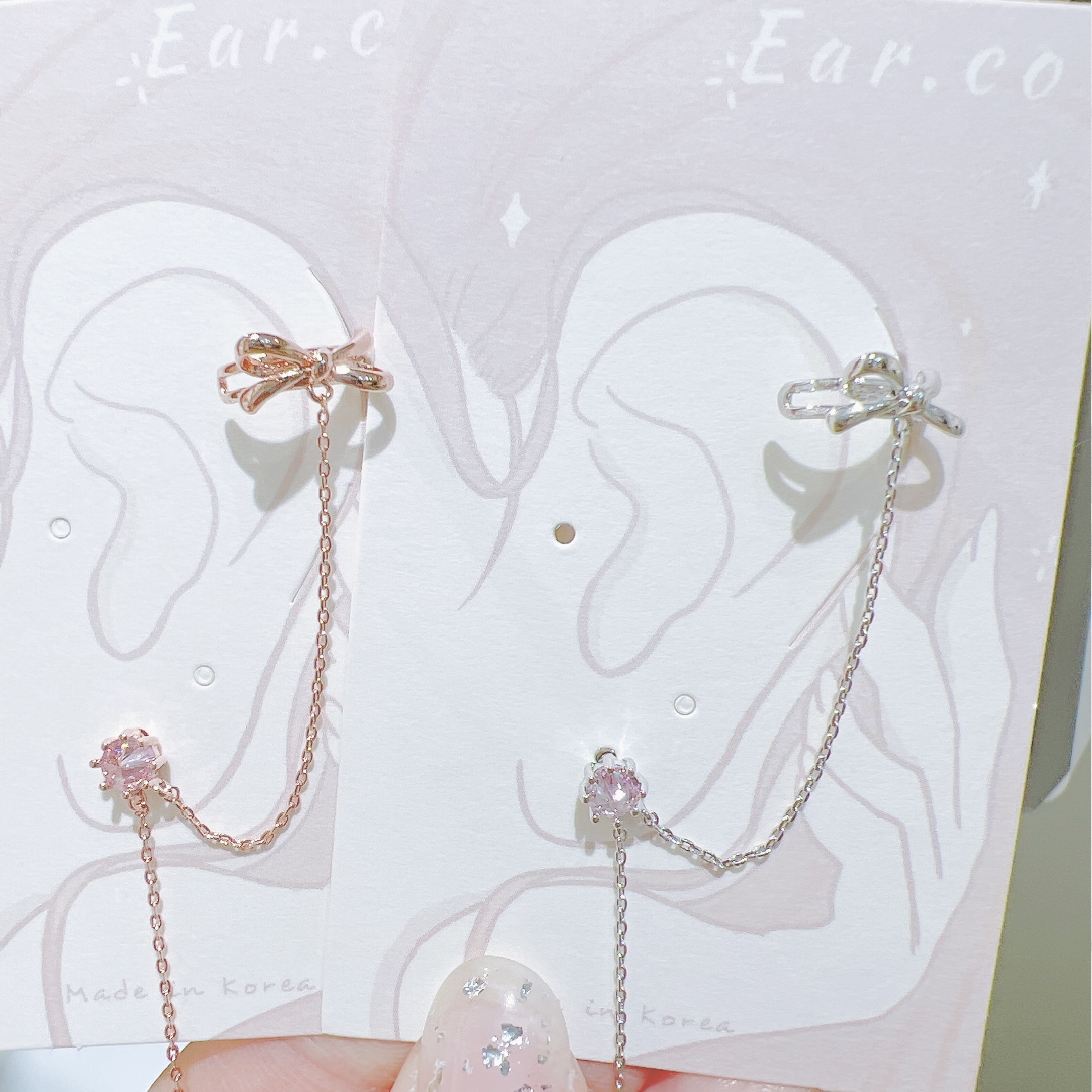 浪漫蝴蝶結耳骨夾拼垂釣水晶耳環 [單支] #H7
