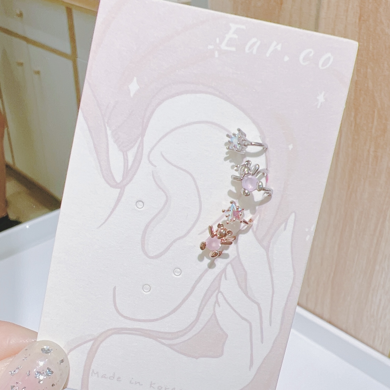 蛋白石小熊拼水晶星星耳骨夾 [單支] #H5