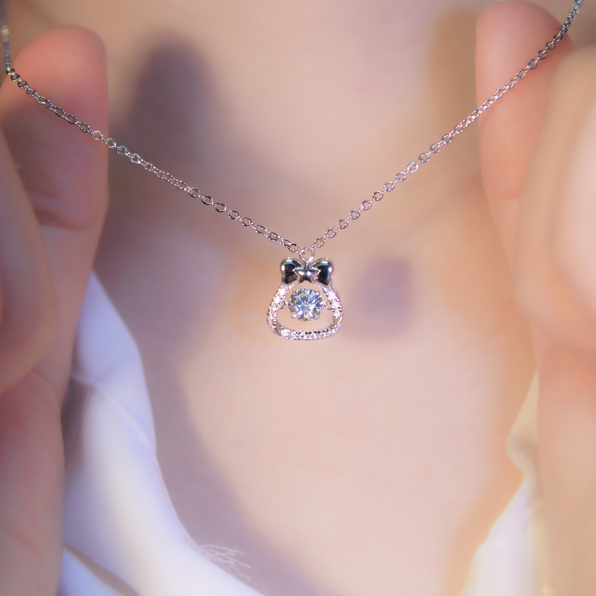 | 925純銀・厚鍍白金・ 厚鍍玫瑰金 | 懸浮禮物百寶袋項鍊 (銀/玫瑰金) | NE1033 |