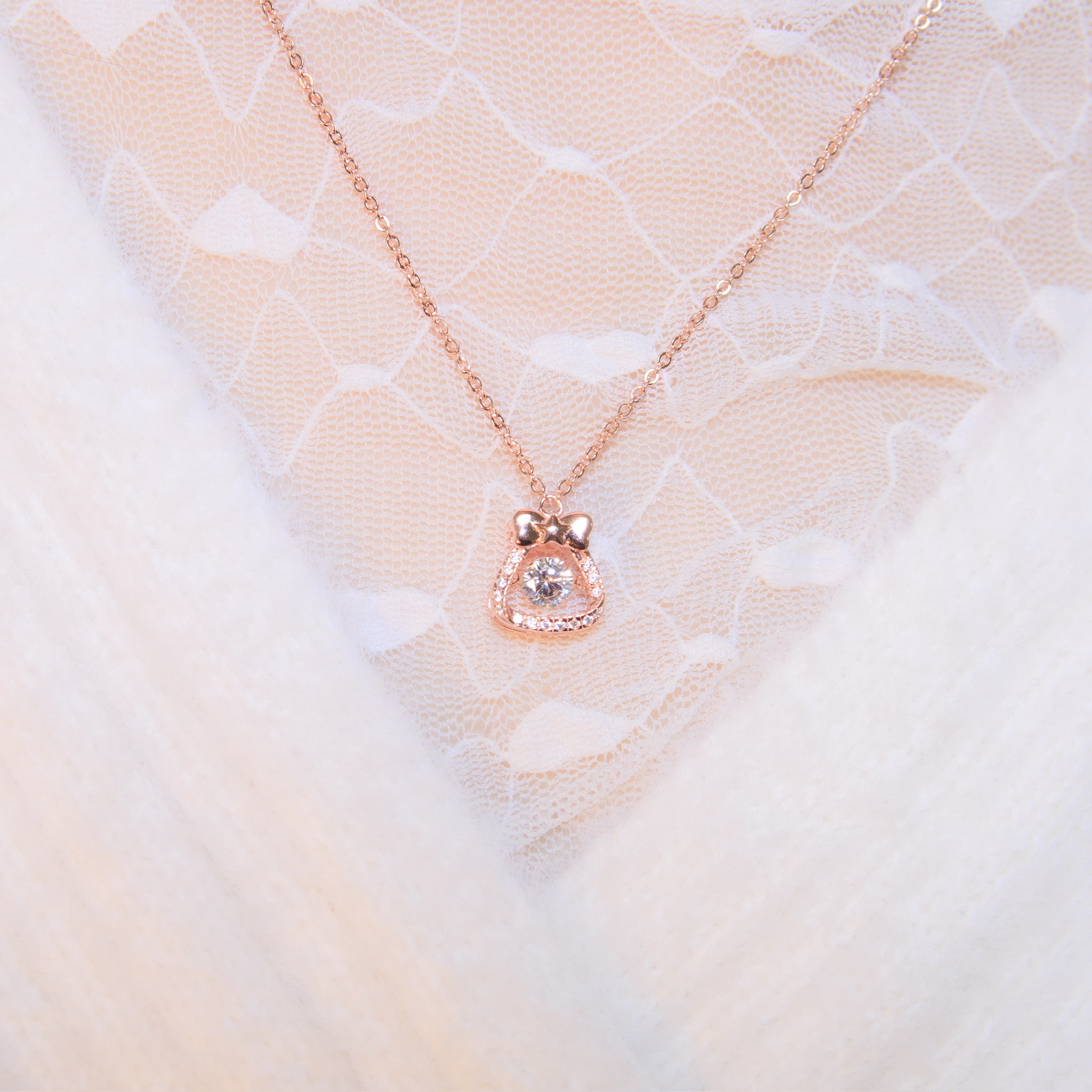 | 925純銀・厚鍍白金・ 厚鍍玫瑰金 | 懸浮禮物百寶袋項鍊 (銀/玫瑰金) | NE1033 |