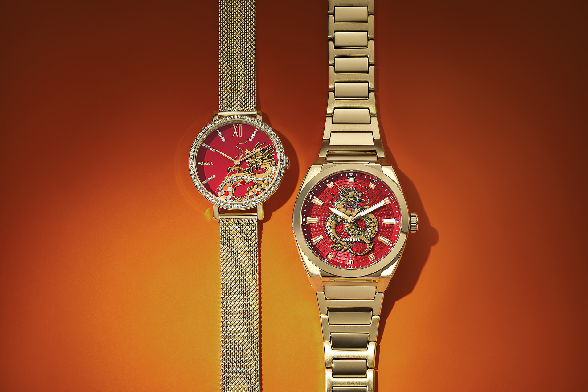 FOSSIL 推出男女款限量龍年手錶，以紅金配色展現喜氣節慶氛圍。
