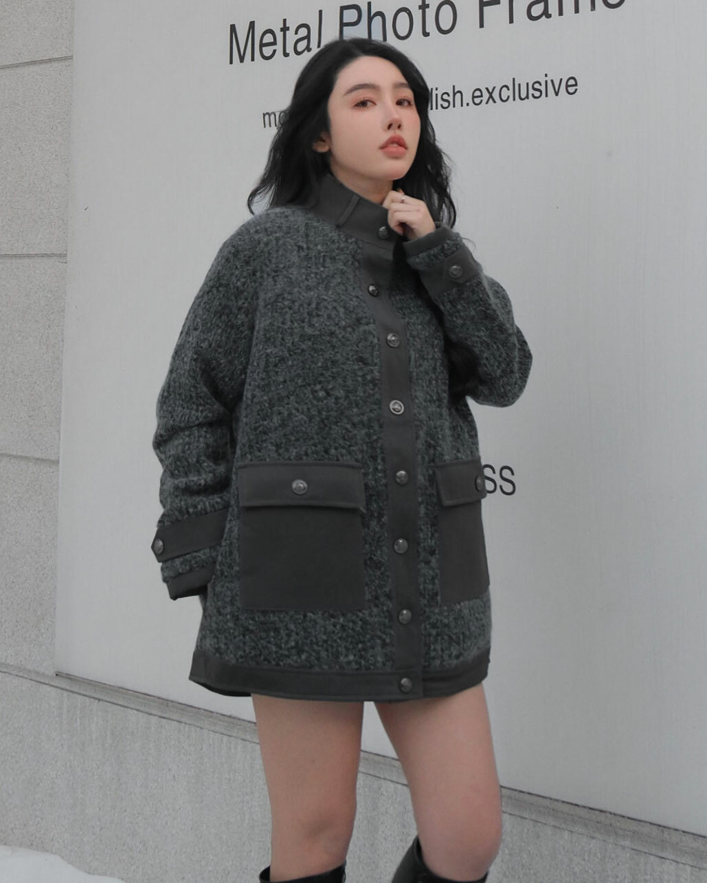 ⭒訂製-個性立領毛料皮拼接外套