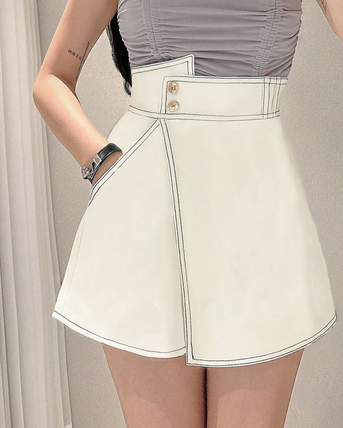 訂製-個性不對稱撞色車線一片褲裙