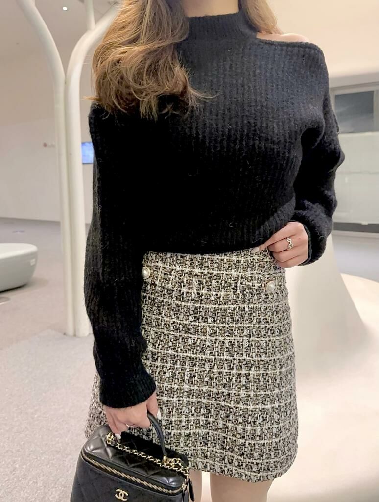 Tweed珍珠小香短裙(黑色)