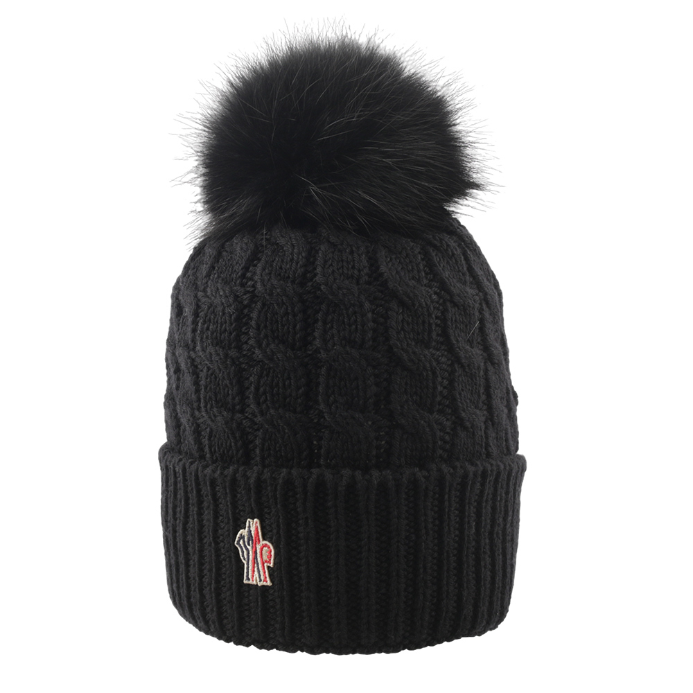 【Moncler】毛球Logo 麻花羊毛毛帽(黑色) 3B00018 0402A 999