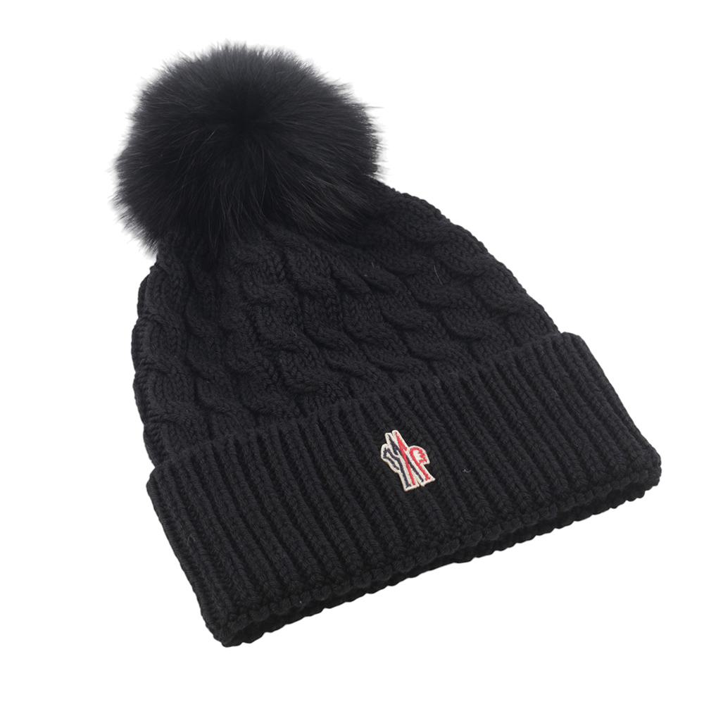 【Moncler】毛球Logo 麻花羊毛毛帽(黑色) 3B00018 0402A 999